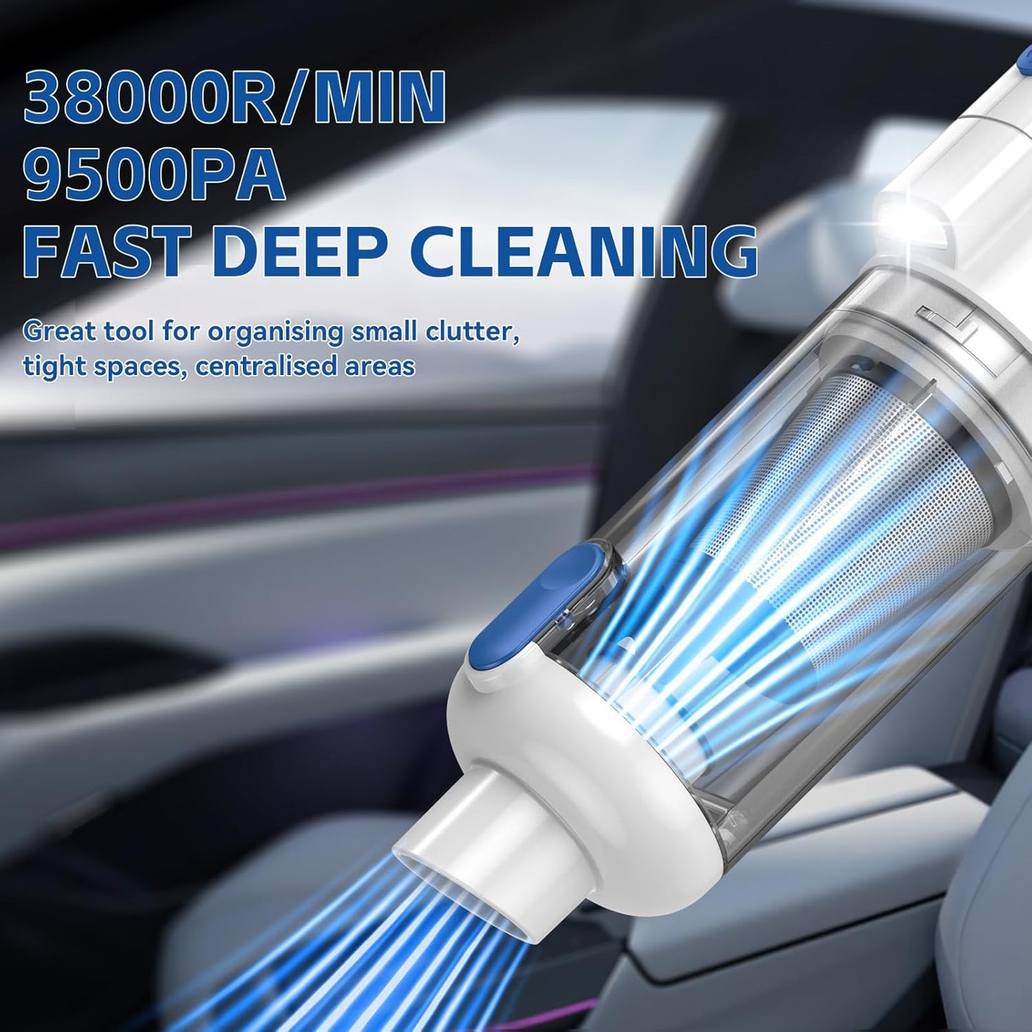 Handheld Car Vacuum Cleaner Cordless: 9500PA Powerful Suction Portable Lightweight Hand Held Vacuum - Large Capacity Battery Last Long Wireless Mini Vacuum With LED Light For Home Office Cleaning