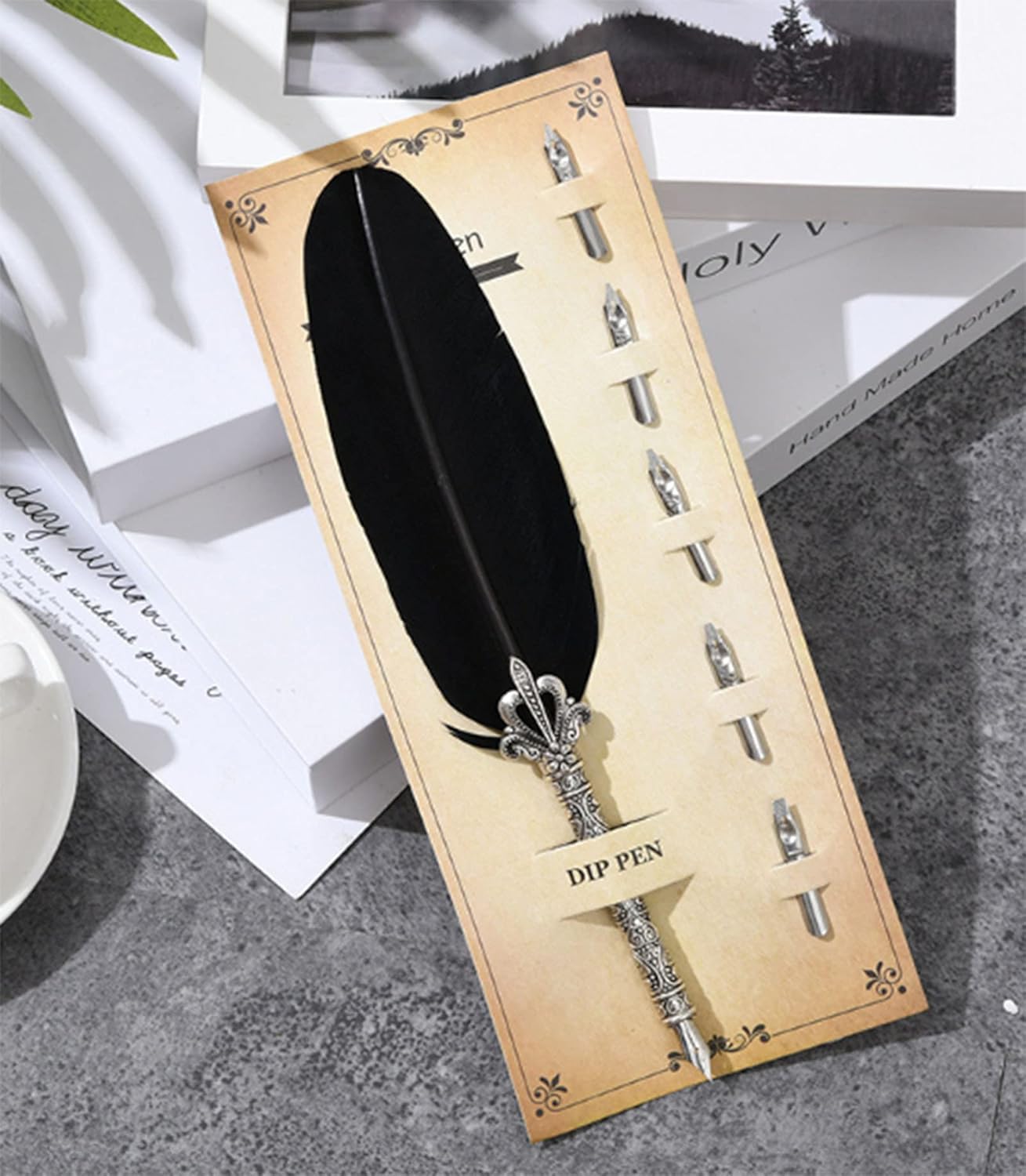 Gullor Calligraphy Feather Quill Pen and 5 Calligraphy Nibs for Beginners Kids Calligraphy Writing Quill Dip Pen Set, Black