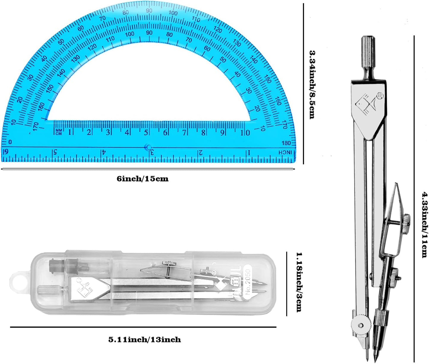 Students Geometry Math Set, Drawing Compass and 6 Inch Transparent Swing arm Protractor 180 Degree Math Protractor (Blue)