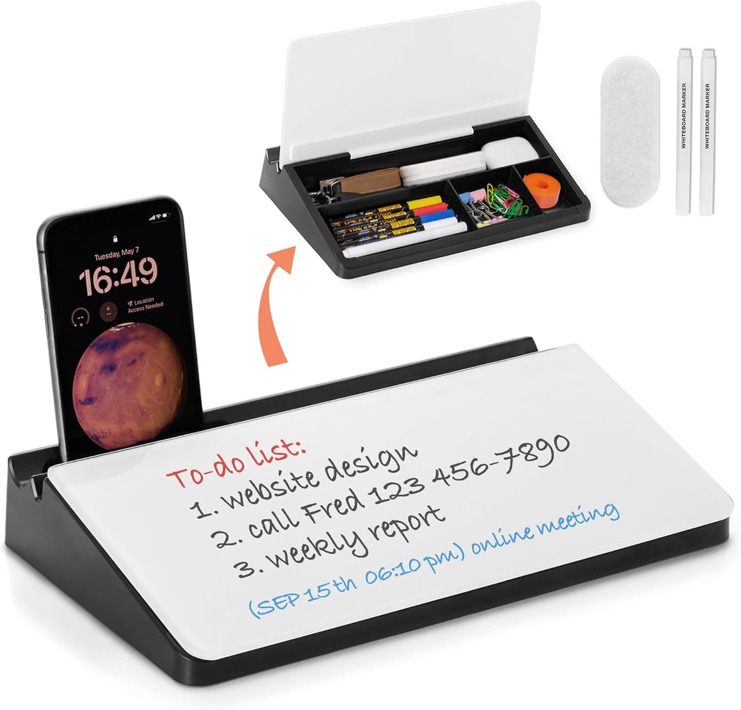 Glass Desktop Whiteboard with Storage 12"x6.5", Glass Whiteboard Desk Dry Erase Board w. 2 Markers,1 Eraser Monitor Mono Board, Office Desk Accessories, Work from Home Essentials