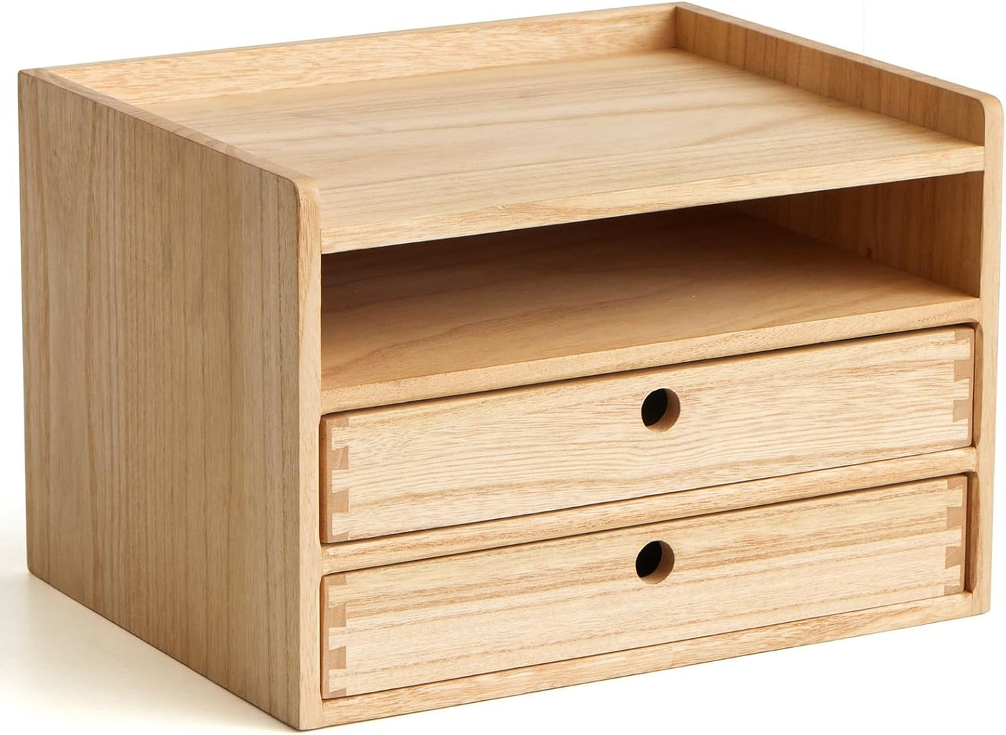 KIRIGEN Desktop Organizer with 2 Drawers and Tray - Wood Office Desk Storage Shelf for Office Supplies - Small Cabinet for Countertop Accessories Storage 3 Layer Natural（DT3D2C-NA）