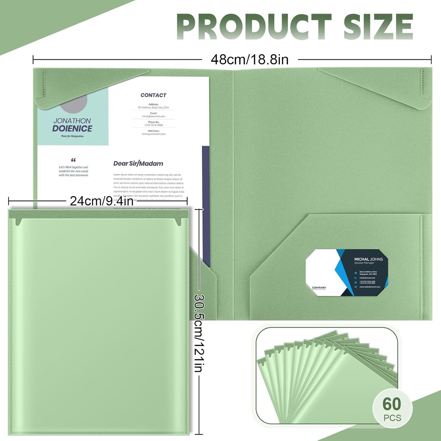 Henoyso 60 Pcs Plastic Folders with Clear Front Pockets Heavy Duty File Folders with 2 Pockets and Card Slot for Student Communication School Office Presentation Report (Sage Green)