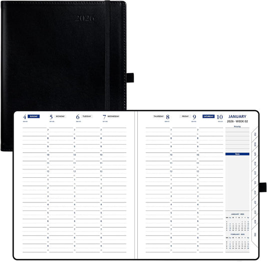 POPRUN 2026 Weekly Planner (Medium 7'' x 8.5''), 30-Minute Hourly Appointment Book (Jan 2026-Dec 2026) with Monthly Tabs, Inner Pockets, Pen Holder, PU Leather Softcover, 100GSM - Black