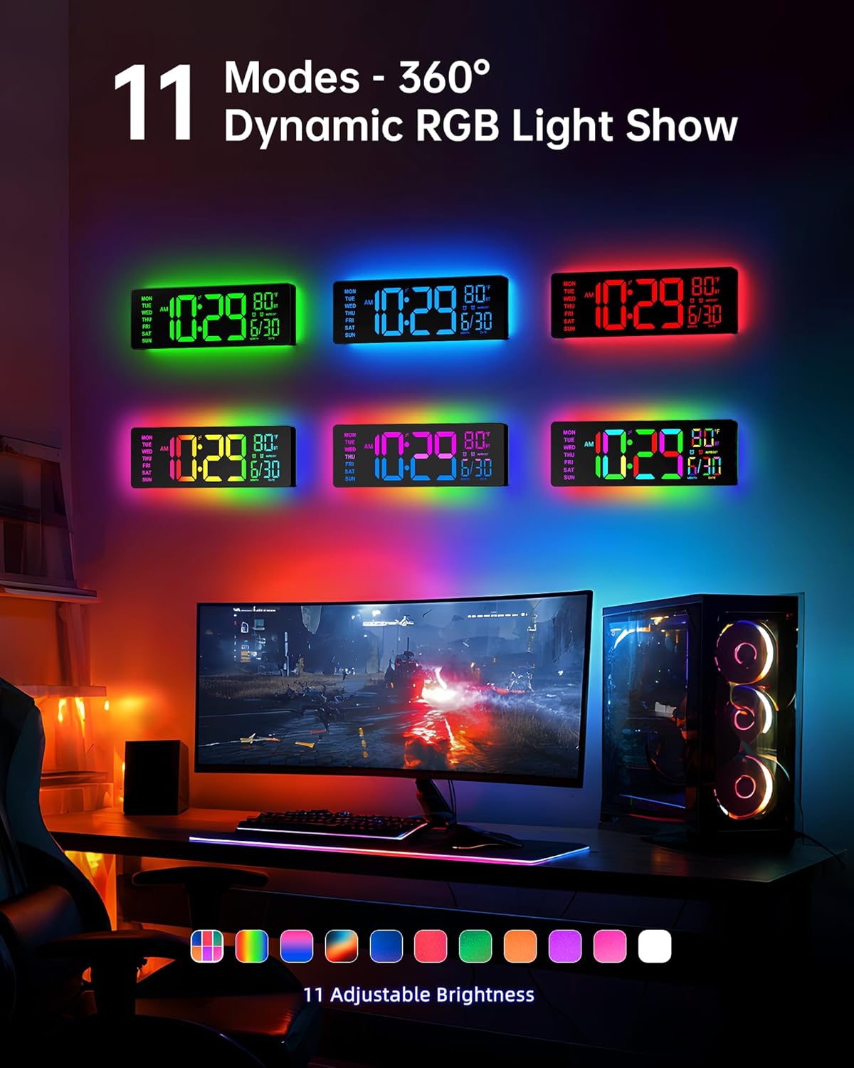 12" Digital Wall Clock for Classroom Livingroom Game Home Decor with LED Display RGB Lights, BIuetooth Sync, Dual Alarms, Auto DST, Countdown, Remote Control, Temperature