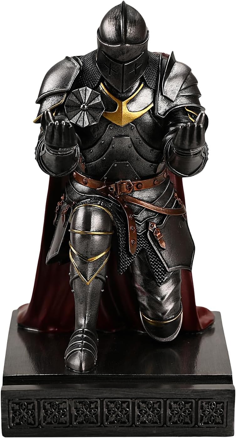 Medieval Armored Warrior Wearing Outerwear, Mobile Phone Stand Knight Pen Holder Desk Organizers, Resin Bookends Paperweight with a Letter Opener for Desk (Iron)