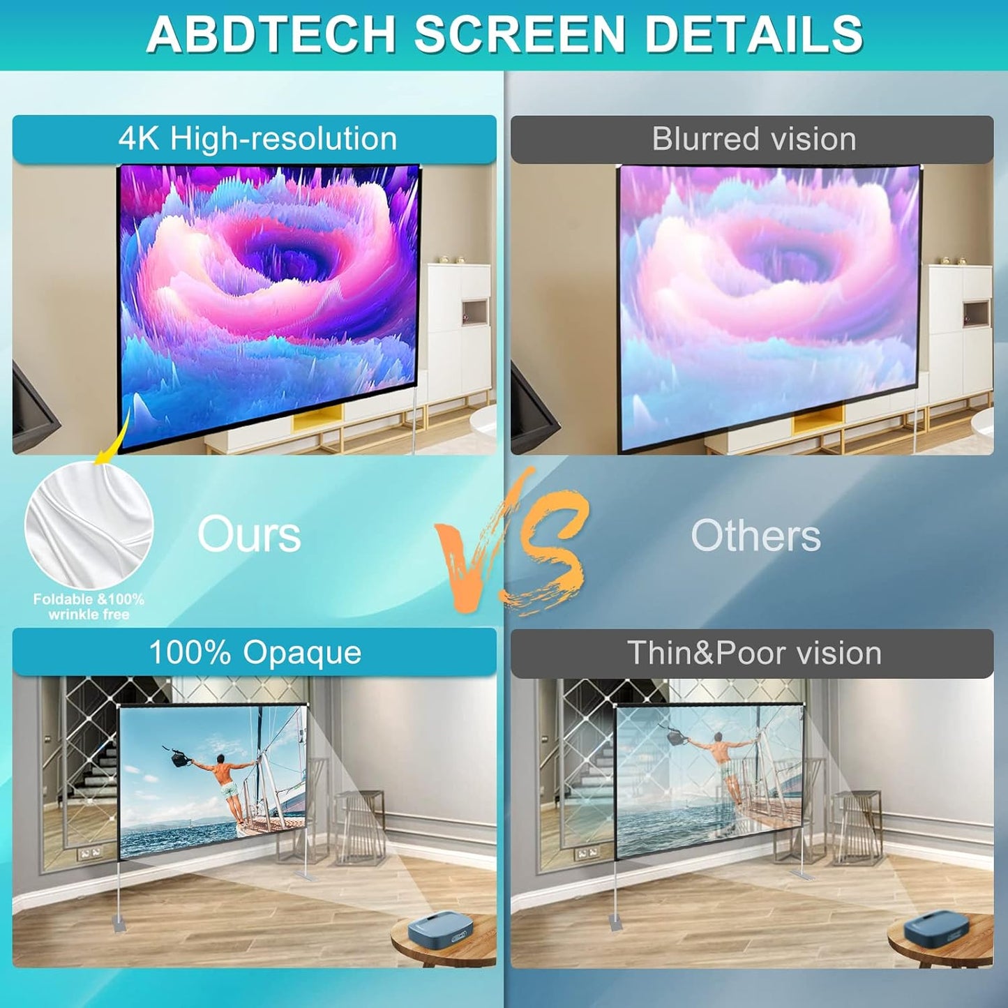 100 inch Projector Screen and Stand,Portable Projector Screen 4K HD Rear Front Projection Screen with Carry Bag for Outdoor Indoor Home Theater Backyard Cinema Travel