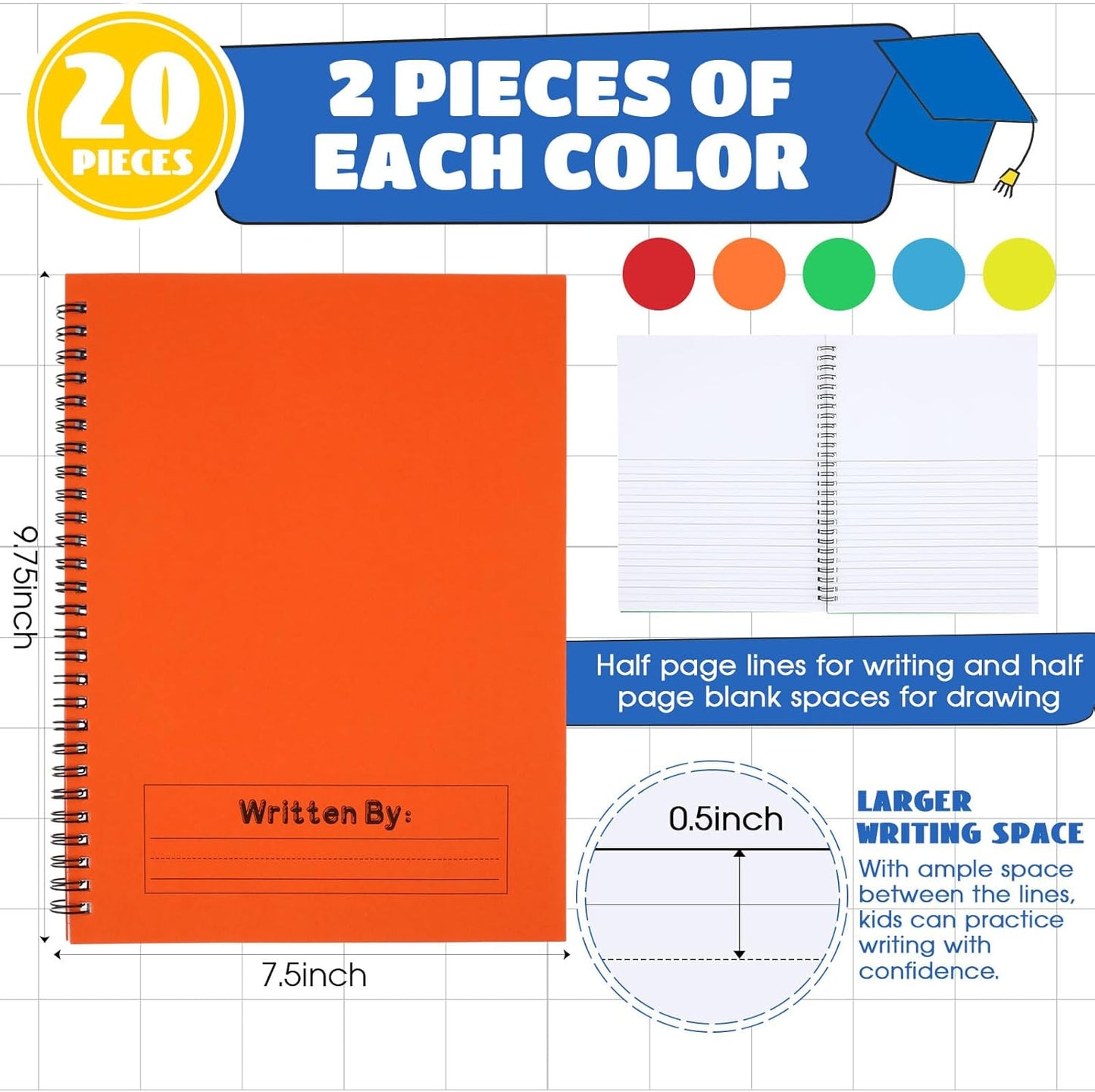 Henoyso 20 Pcs 100/50 Sheets Primary Composition Notebook K-2 Bulk Spiral Primary Journal Drawing Handwriting Practice for Kids Kindergarten 1st 2nd Back to School Supplies (Bright Color,50 Sheets)