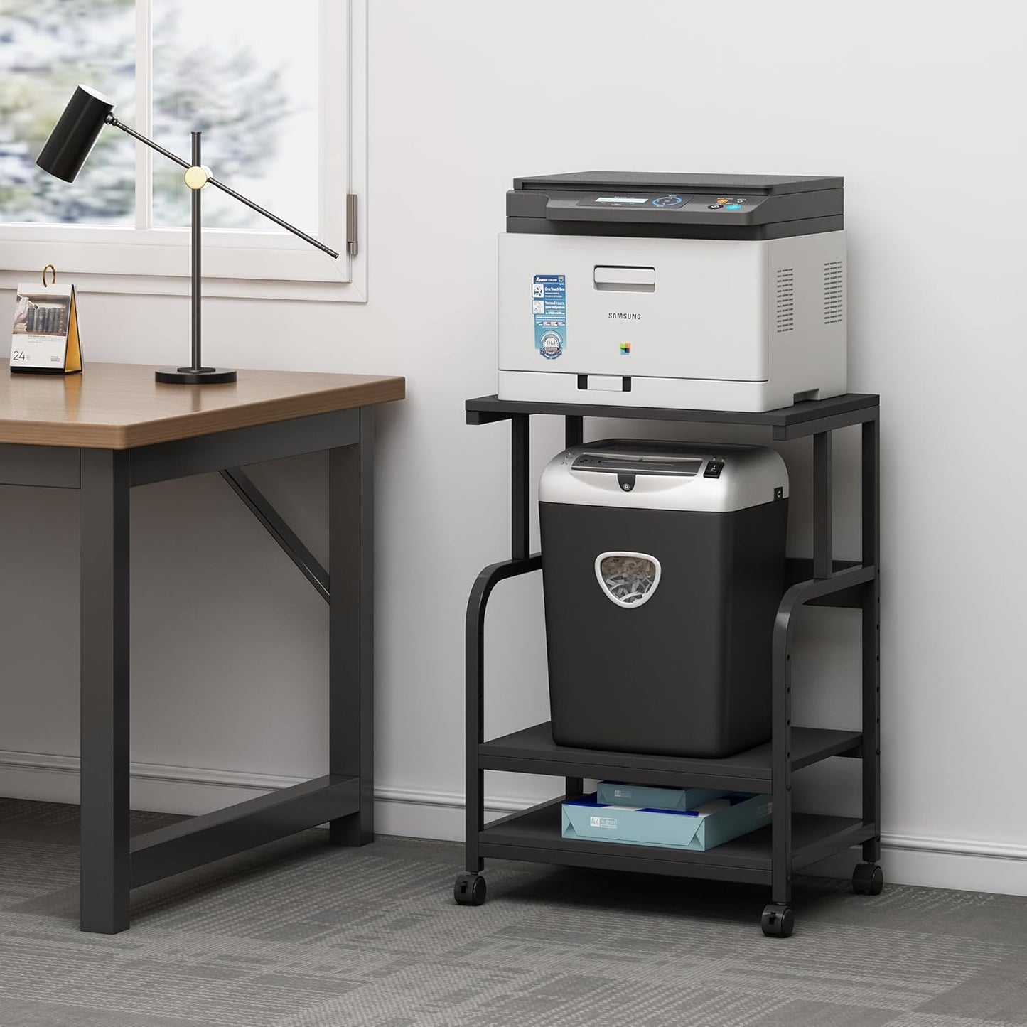 Printer Stand, 3 Tier Printer Table with Height Adjustable Storage Shelf, Rolling Printer Cart with Wheels for Home Office Organization, Black