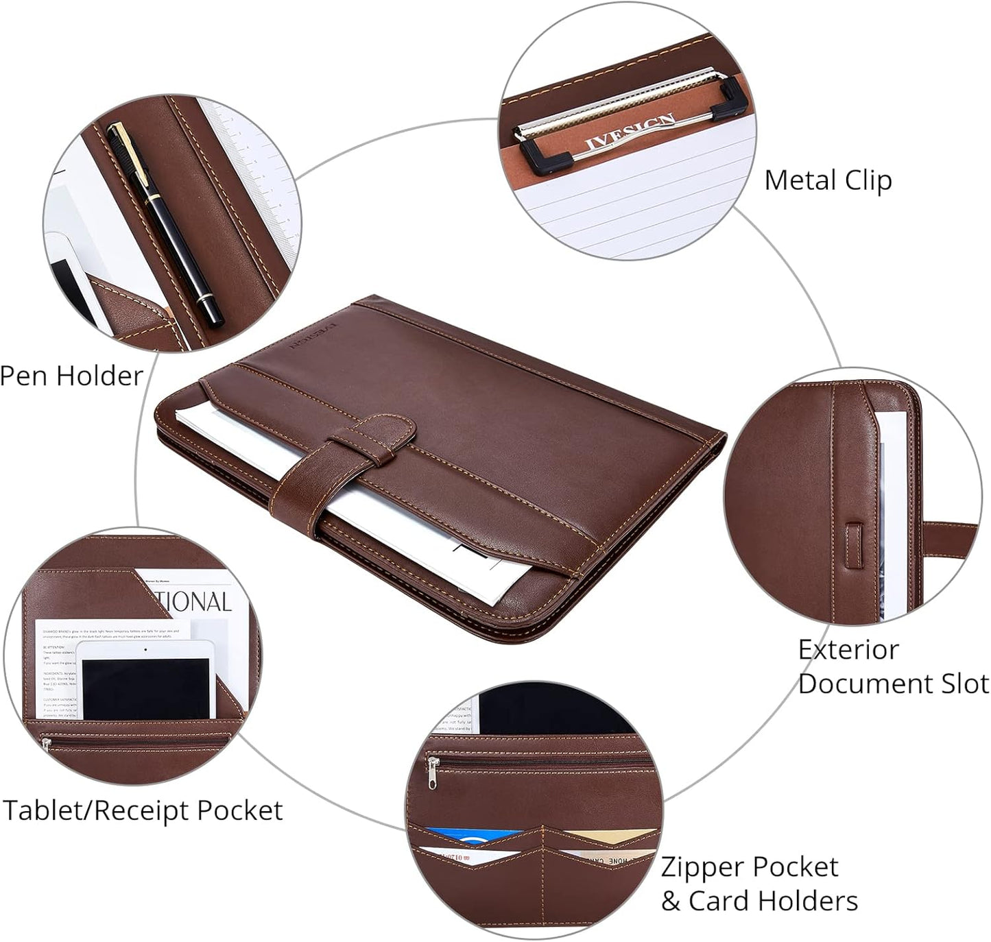 IVESIGN Leather Portfolio Notebook with Folder, Storage Clipboard with Cover for Legal Pad Holder Letter Size A4 Writing Pad for Business School Office Resume Conference Notepad Clip Boards (Brown)