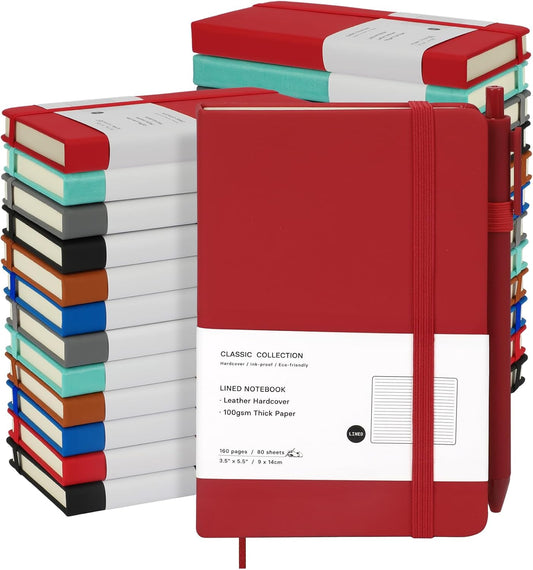 Coopay 24 Pack A6 Pocket Small Notebook with 24 Pens Bulk Classic Hardcover Leather Journal Set with Pen Holder for Men Women Writing, Office, Home, School, Business, 100GSM, 3.5” x 5.5”, Multicolor