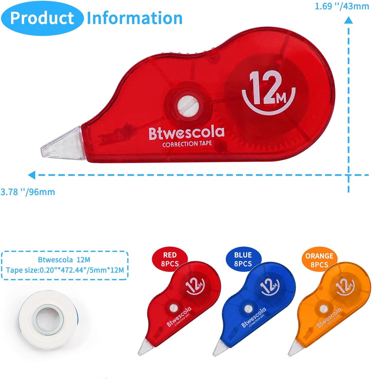 Correction Tape, 39.37FT Gift Packed Tear-Resistant Correction Tape, Tape for School, Office, With Roller Adjuster (9747-24pcs)