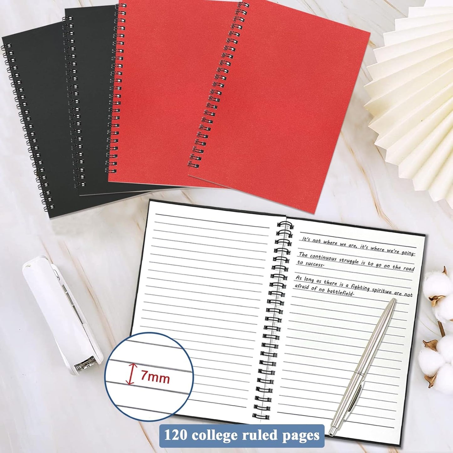 4Pack Small Spiral Notebook A5, 8.25x5.5” 120 Lined Pages Black & Red Wide Ruled Spiral Journal Bulk Blank Kraft Cover Spiral Bound Notebook & Writing Pads for Home Office Meeting Work Note Taking