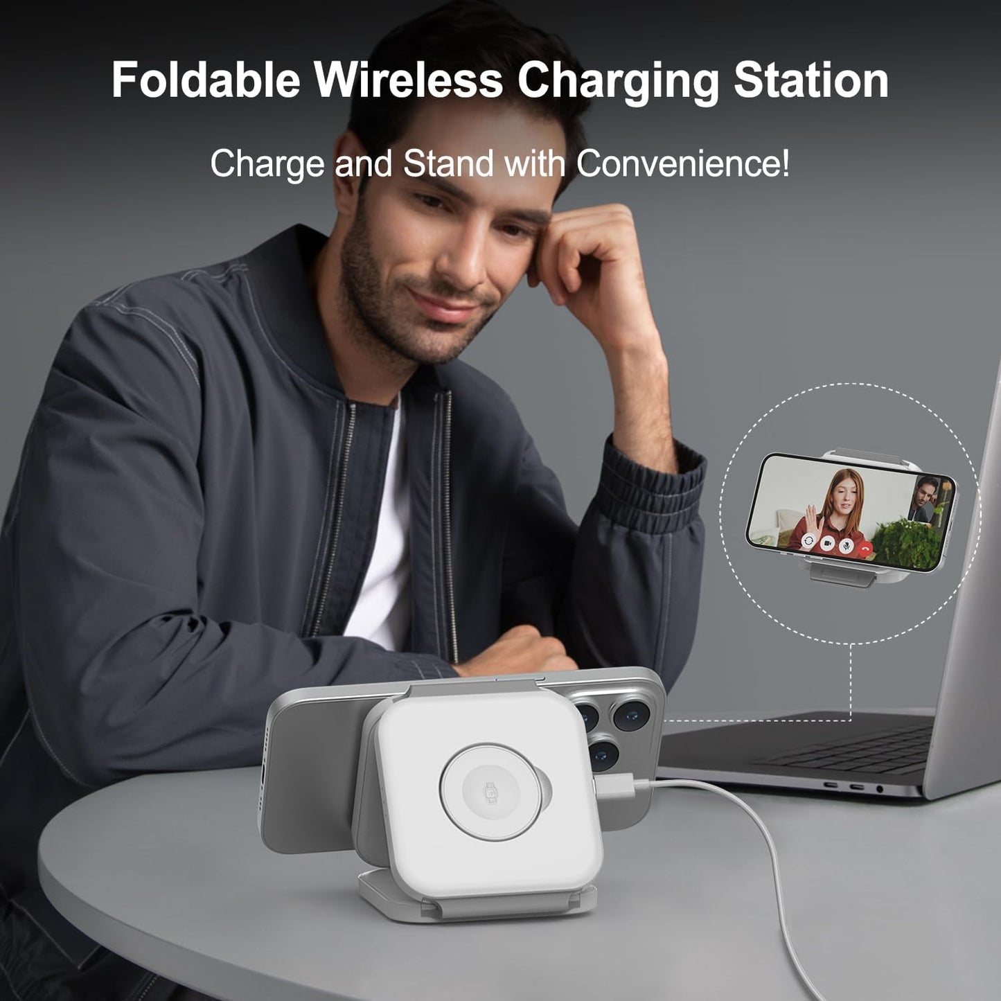 Wireless Charging Station for Apple Multiple Devices - 3 in 1 Foldable Magnetic Wireless Charger - Travel Charging Pad for iPhone 16 15 14 13 12 Pro Max Plus Watch & AirPods (White)