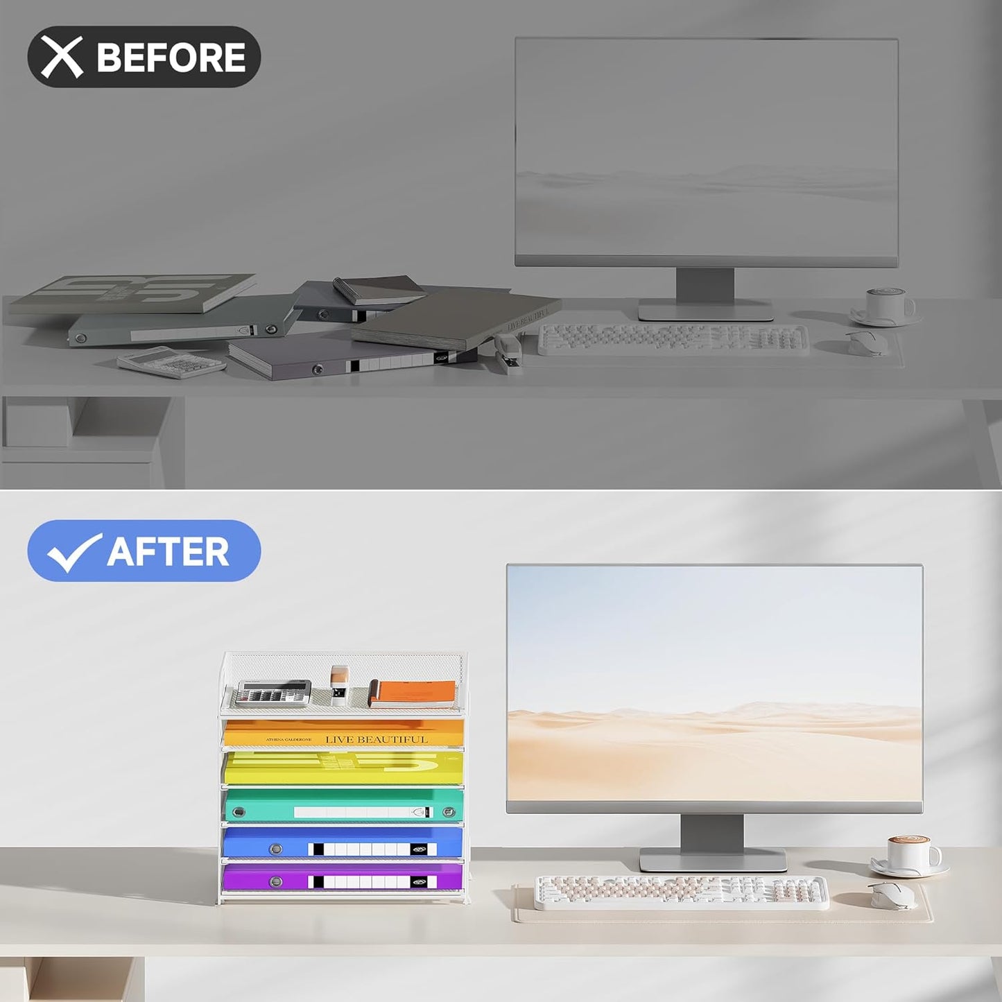 6 Tier Paper Organizer with Handle, Metal Desk Organizer Mesh Paper Letter Tray Desktop File Folder Document Sorter for Classroom, School, Office Accessories Organization and Storage - White