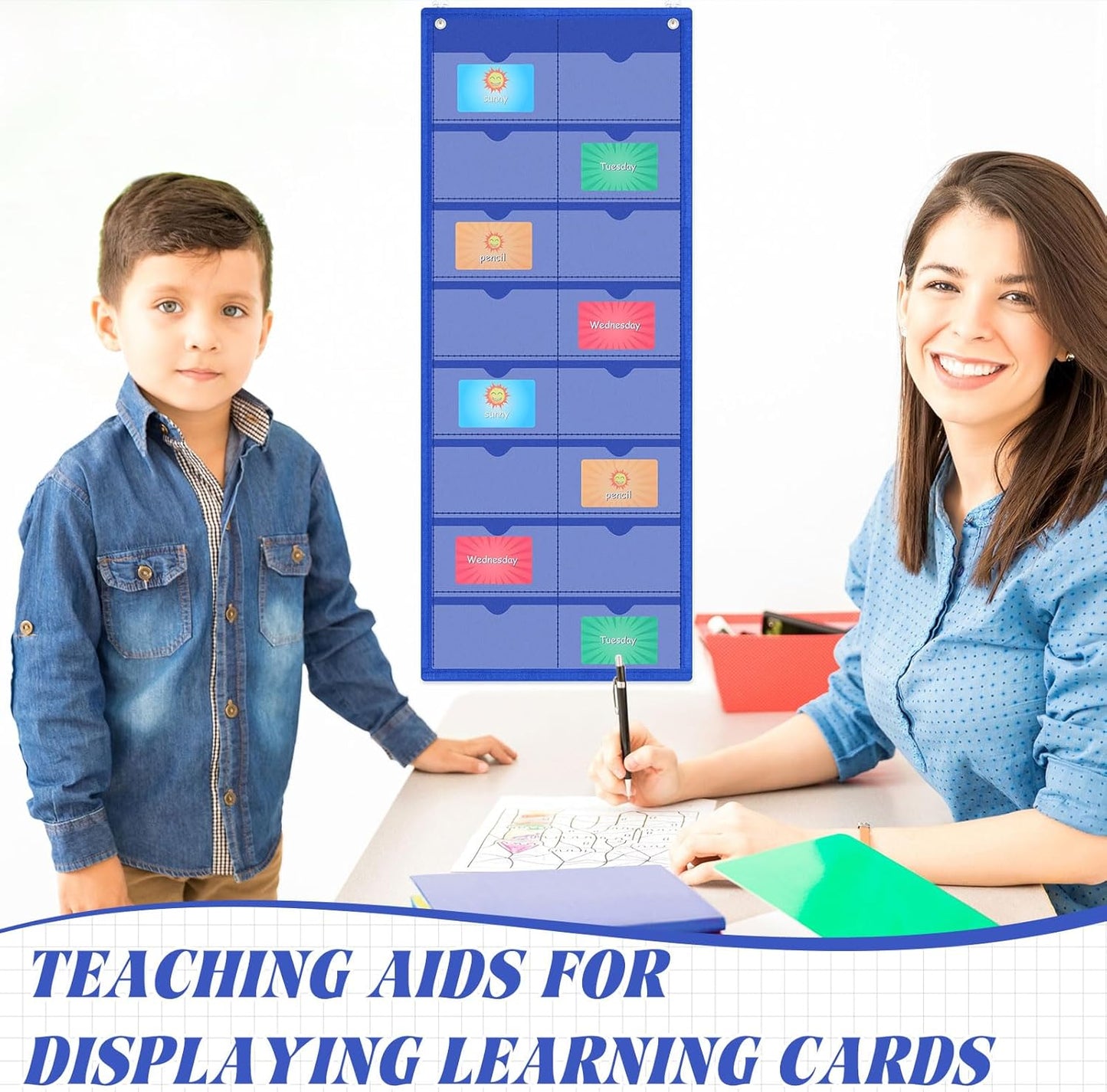 2 Pack 3'' x 5'' Index Card Holder Sleeve 16 Slot Plastic Organizer Hanging Wall Mount Business Note Cardholder PVC Clear Organizer Pocket for Classroom Office Library Home (Blue)