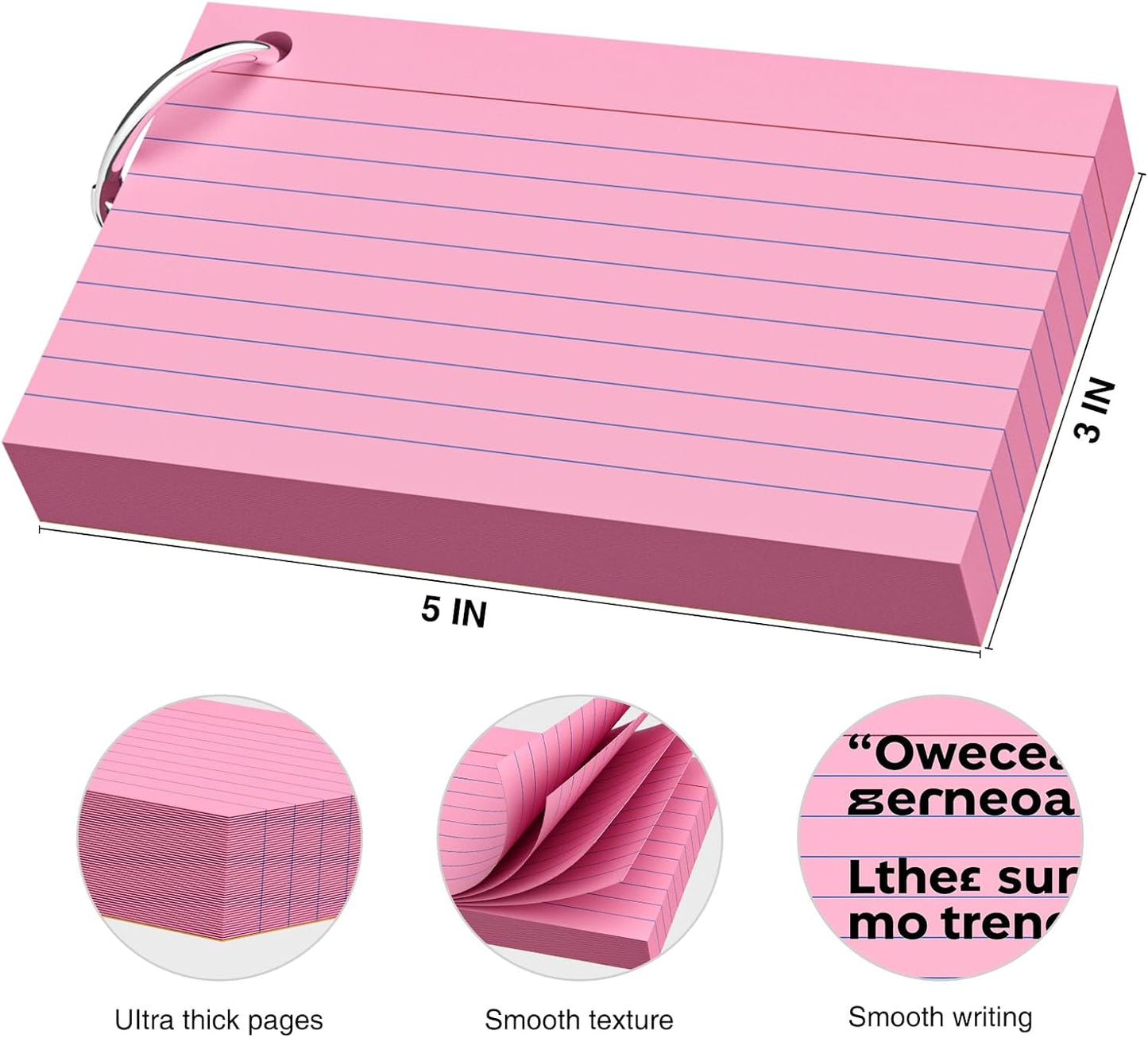 250 Count Pink Index Cards 3x5 Inch with Key Ring, Color Flash Index Card (50 Sheets Each), Durable & Portable Note Taking for Students, Teachers, Study Note Cards for Office Home School