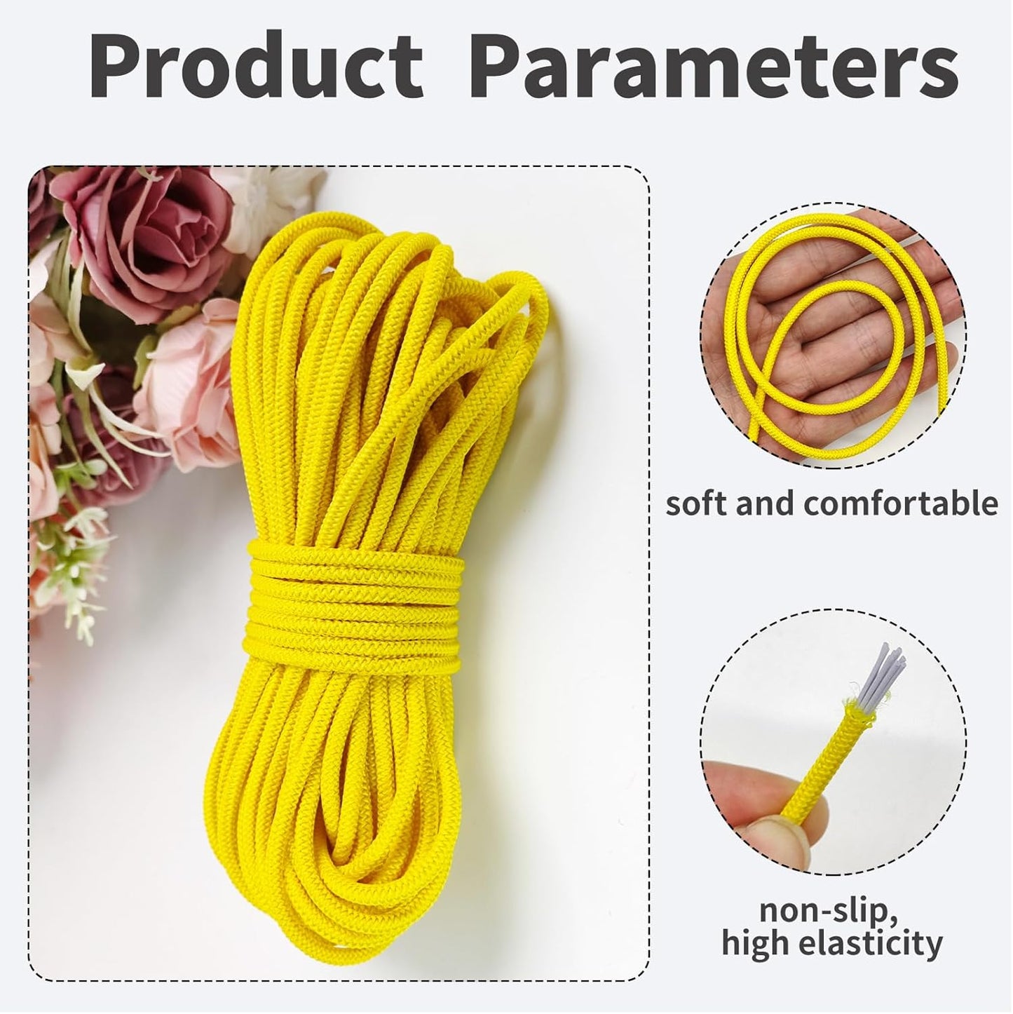1/8 inch Non-Slip Elastic Band -3mm 15 Yards Soft Elastic Cord Stretch String Braided Thread for Sports Gear, DIY Crafts, Hair Bands, Shoelaces,Apparel Making & Camping Tie Down (Yellow)
