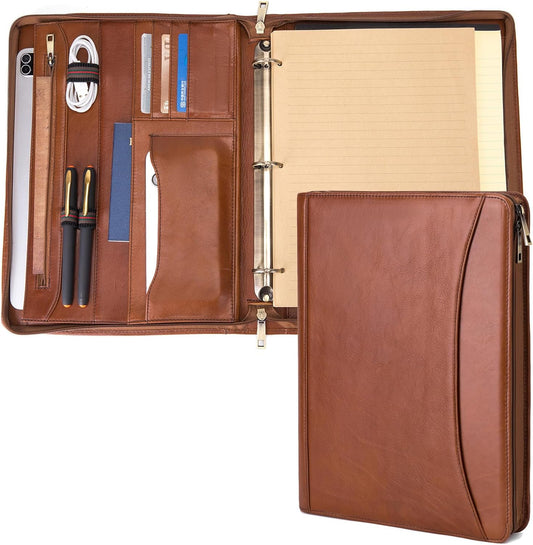 3 Ring Binder Genuine Leather Portfolio, Front Pocket, 8.5 x 11 Legal Pad Padfolio for Men and Women, Zip Notepad Laptop Organizer, Professional Business Executive Work Folio, Brown, Oil Tanned