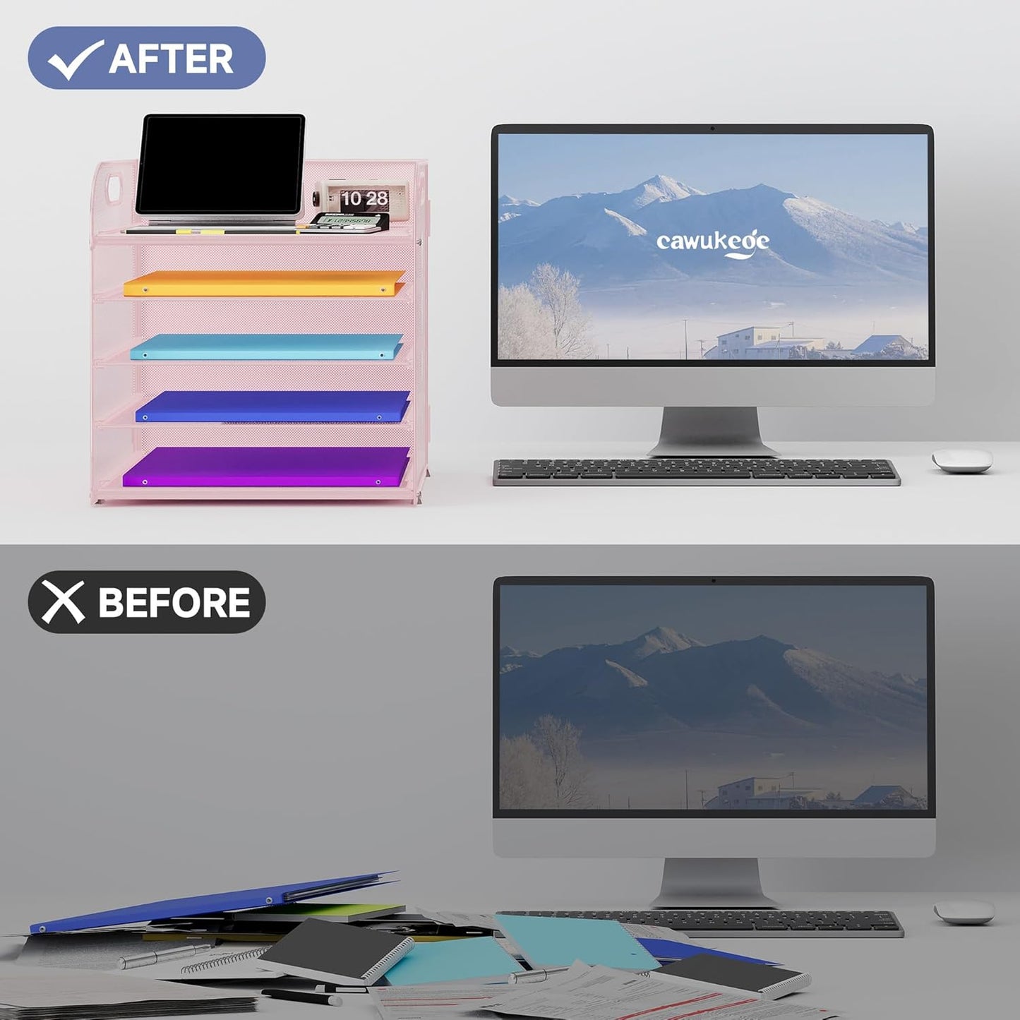 5 Tier Paper Organizer with Handle, Metal Mesh Desk Organizer File Folder Paper Letter Tray Desktop Document Sorter for Classroom, School, Office Accessories Organization and Storage - Pink