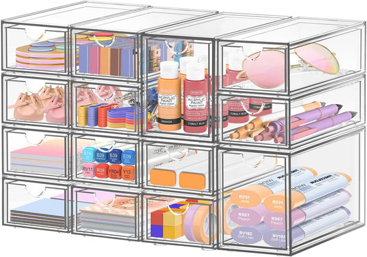 Desk Organizer with 14 Drawers, FODIENS 14 Packs Acrylic Stackable Desktop Storage Drawer Makeup Organizer, Clear Craft Storage Box Cabinets for Office Vanity Countertop Bathroom Bedroom