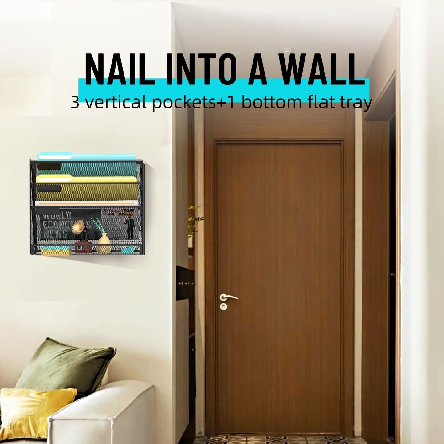 SUPEASY 4-Tier Wall File Organizer Mesh Office Mail Holder, Hanging Wall Organizer Magazine Rack for Office Black