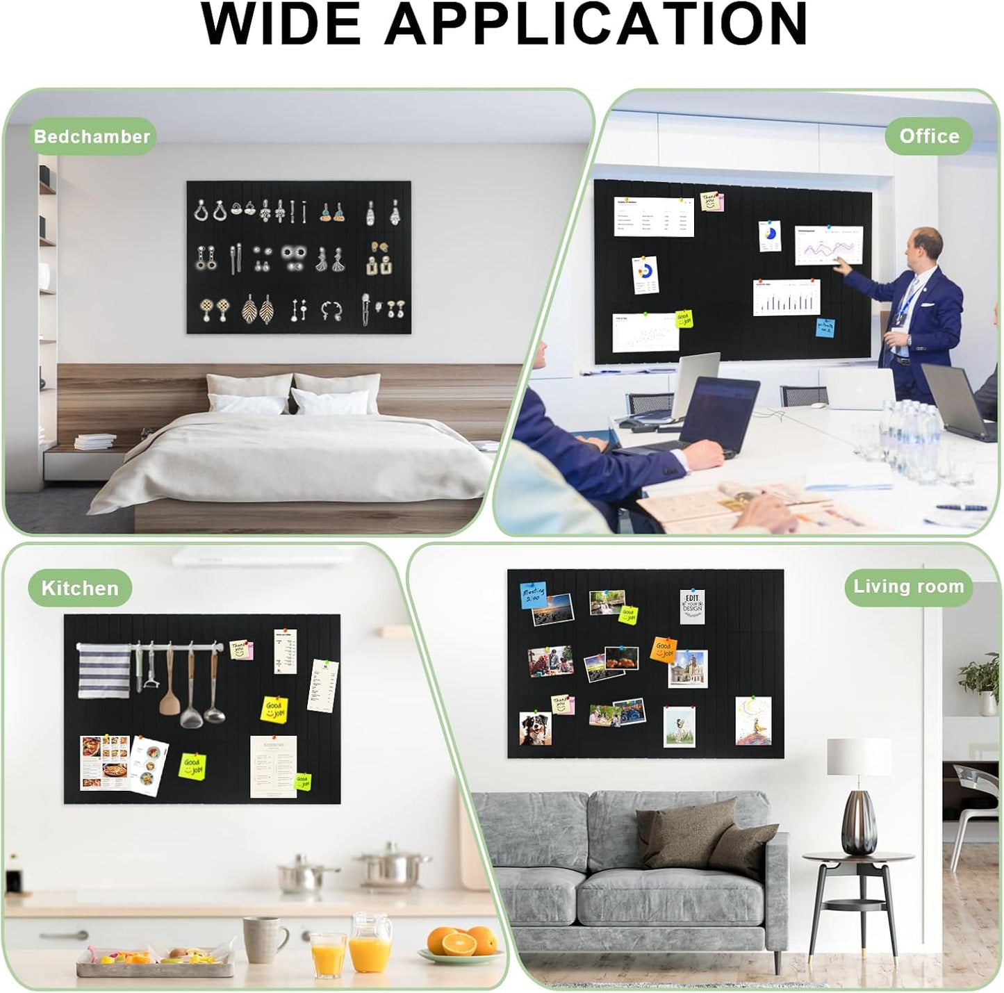 12 Pack Large Cork Board for Walls, Slat Wall Paneling, 48" X 36" Felt Bulletin Board Tiles with Safe Removable Adhesive Tabs & Push Pins, Pin Board Cork Board Wall Organizer for Office - Black