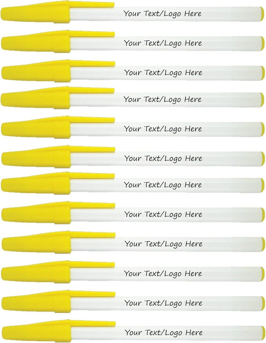 Personalized Stick Pens With your Custom Logo or Text-500 Pack Bulk-for Businesses, Parties, and Events, Custom Printed Slim Ballpoint Pens with Cap, Yellow, Black Ink