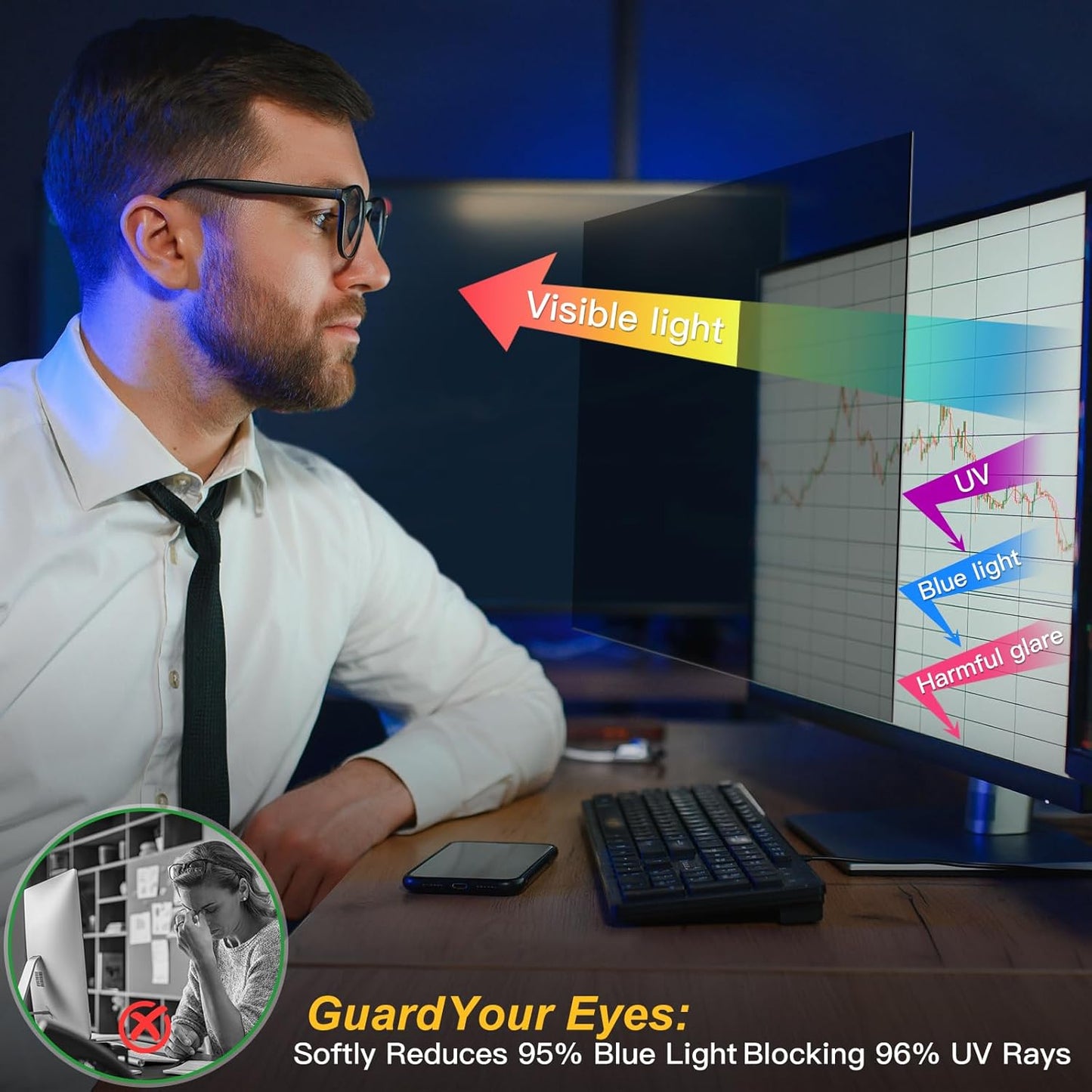 Magnetic Computer Privacy Screen Filter 22 inch for 16:10 Widescreen Monitor Desktop PC, 22in Hanging Removable Anti Blue Light Glare Eye Protection Shield, Screen Protector Panel