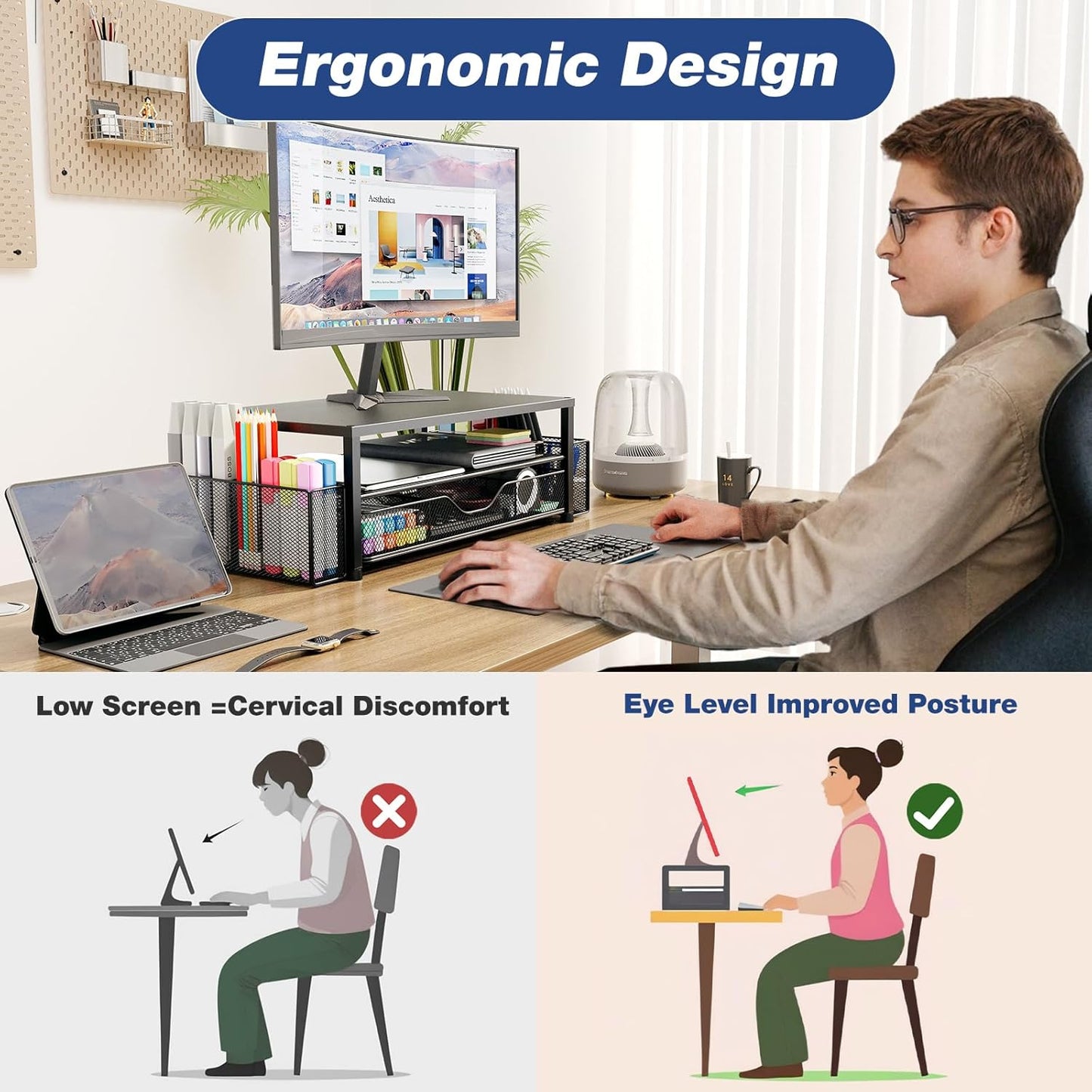 Desk Organizers and Accessories, 2-Tier Computer Monitor Stand Riser with Drawer and 2 Pen Holders, Laptop Stand, Office Desk Accessories for Office Supplies, Green