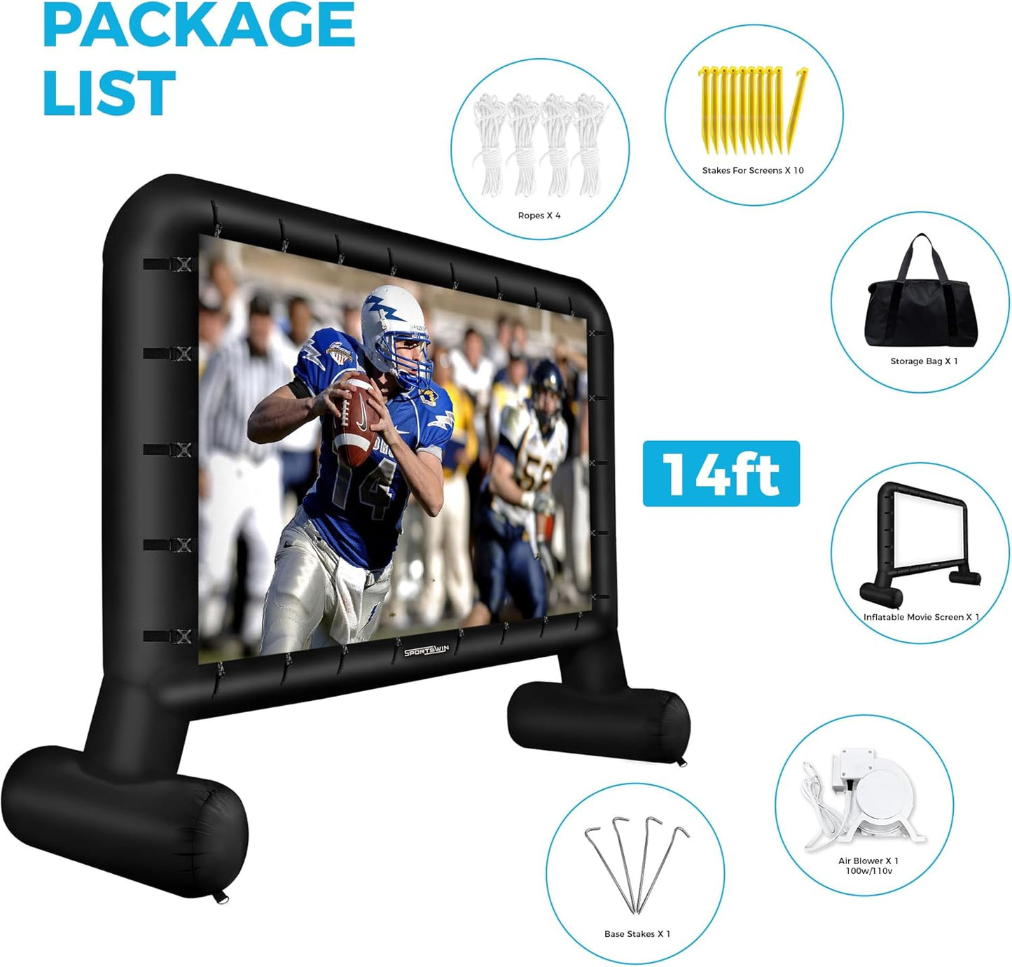 14 FT Inflatable Outdoor Movie Screen, Blow Up Projector Screen Outdoor with Air Blower, Movie Screens for Backyard with One Piece Design, Front & Rear Projection, Easy Set Up