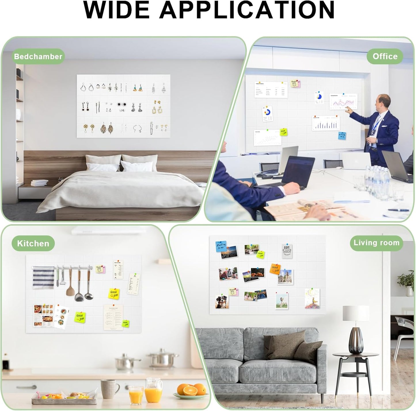 12 Pack Large Cork Board for Walls, 48" X 36" Felt Bulletin Board Tiles with 48 Safe Removable Adhesive Tabs & 60 Push Pin Board Decorative Cork Board Tack Board Wall Organizer for Office - White