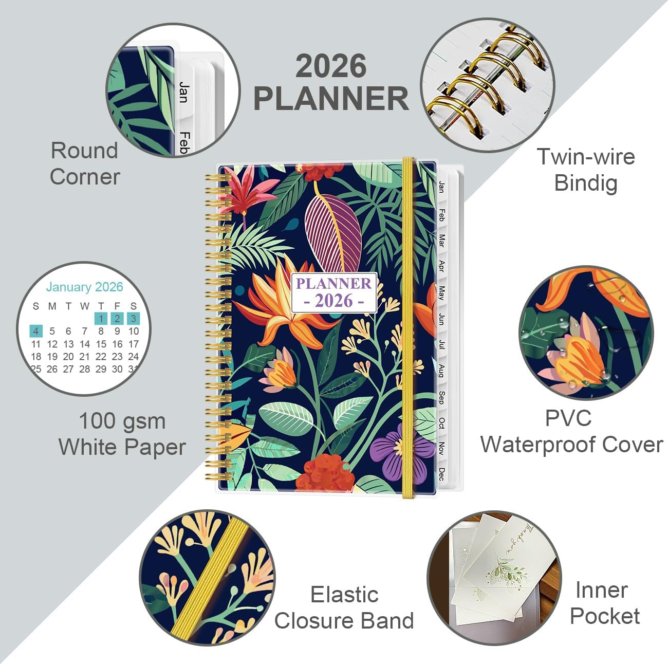 2026 Planner - Planner 2026 from January 2026 - December 2026, Weekly & Monthly Planner Spiral Bound with 12 Monthly Tabs, Inner Pocket, 6.4" x 8.5", Flower-F
