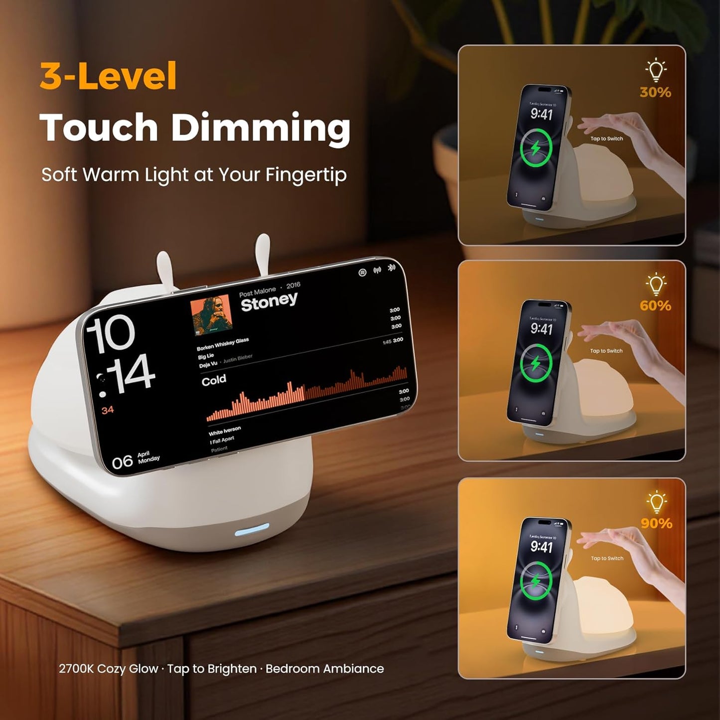 2-in-1 Magnetic Wireless Charger Stand: Cute Snail-Shaped 15W Qi Fast Charging Pad for iPhone 16/15/14/13/12 Pro Max Series & Cordless Tap-to-Light Bedside Night Lamp - (Desktop/Nightstand)