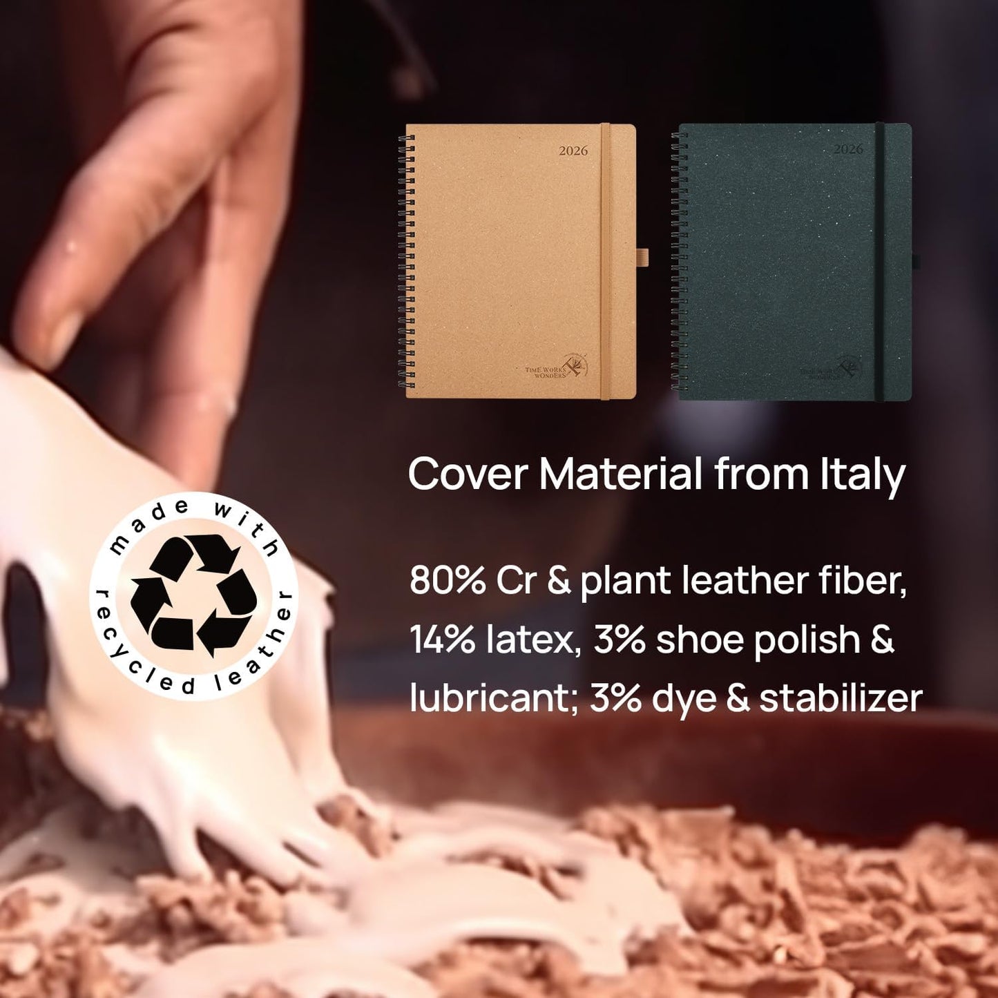 POPRUN 2026 Planner - 2026 Recycled Weekly Planner [Italian Regenrated Leather - Medium Size 8.5'' x 10.5''] - 2026 Weekly Planner with Hourly Schedule, Monthly Tabs-26-WERK7-BGY - Black Grey