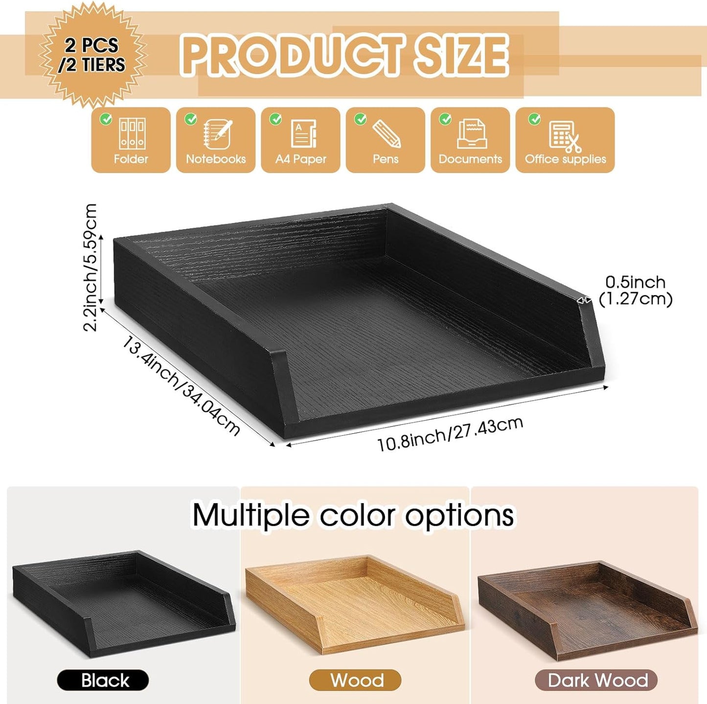 2 Pcs Wooden Letter Trays Wood Letter-Size Desk Organizer Heavy Duty 2 Tier Stackable Supports Paper Tray Desktop Drawer Organizer File Folder Magazine Office Accessories (Black)