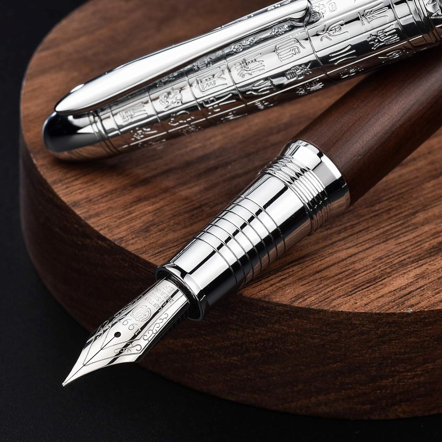 Hongdian 6016 Natural Wood Fountain Pen, Iridium Medium Nib Writing Pen with Metal Pen Case