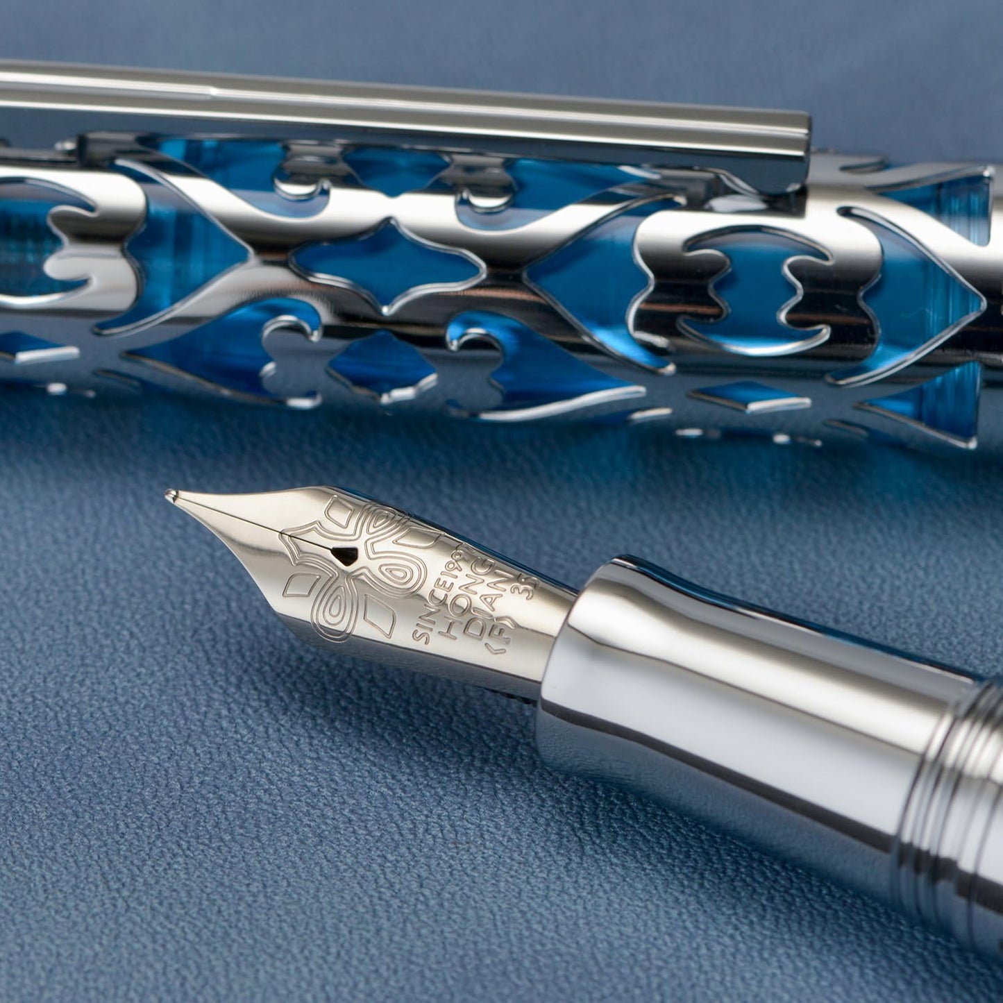 Hongdian D1 Piston Fountain Pen Extra Fine Soft Nib, Silver Blue Hollow Skeleton & Resin Pen with Metal Case Set