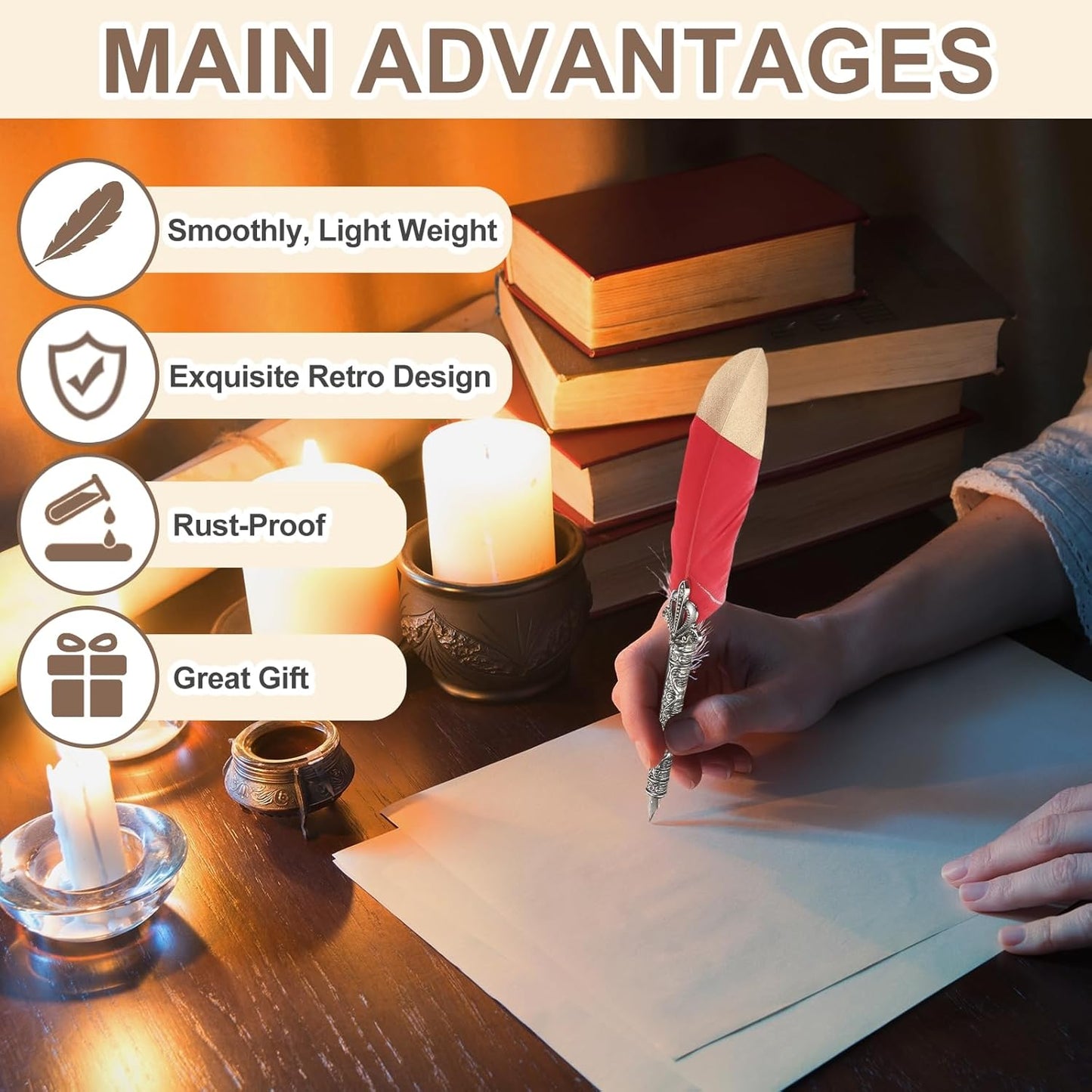 PATIKIL Feather Quill Pen Set, 1 Set Vintage Feather Calligraphy Pen Fountain Dip Pen Set with Ink, Pen Holder and Replacement Nibs for Beginner Writer Writing Gift, Navy Blue