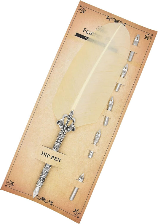 Gullor Feather Quill Pen and 5 Calligraphy Nibs for Beginners, Creamy White