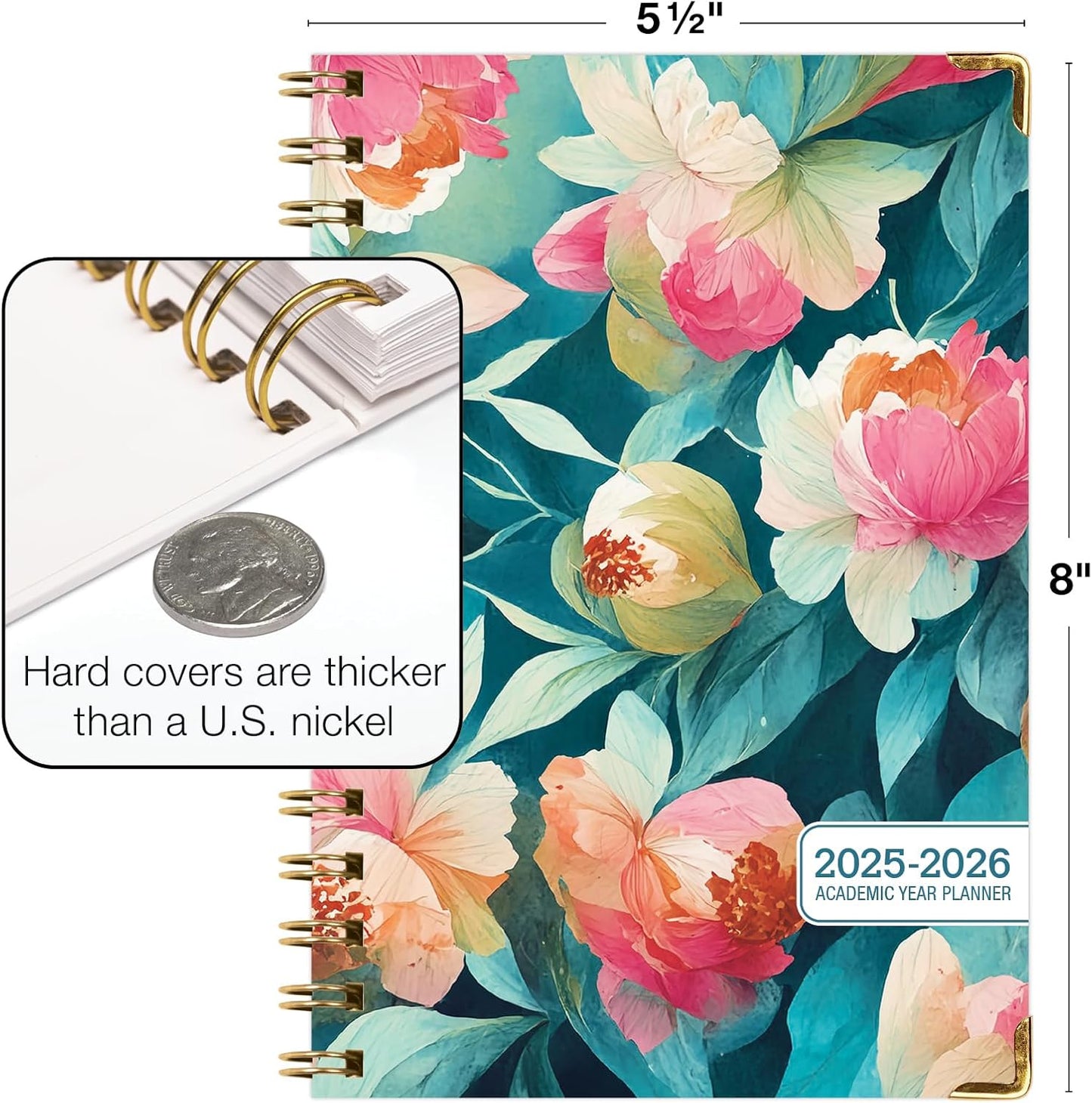 HARDCOVER Academic Year 2025-2026 Planner: (June 2025 Through July 2026) 5.5"x8" Daily Weekly Monthly Planner Yearly Agenda. Bookmark, Pocket Folder and Sticky Note Set (Teal Floral)