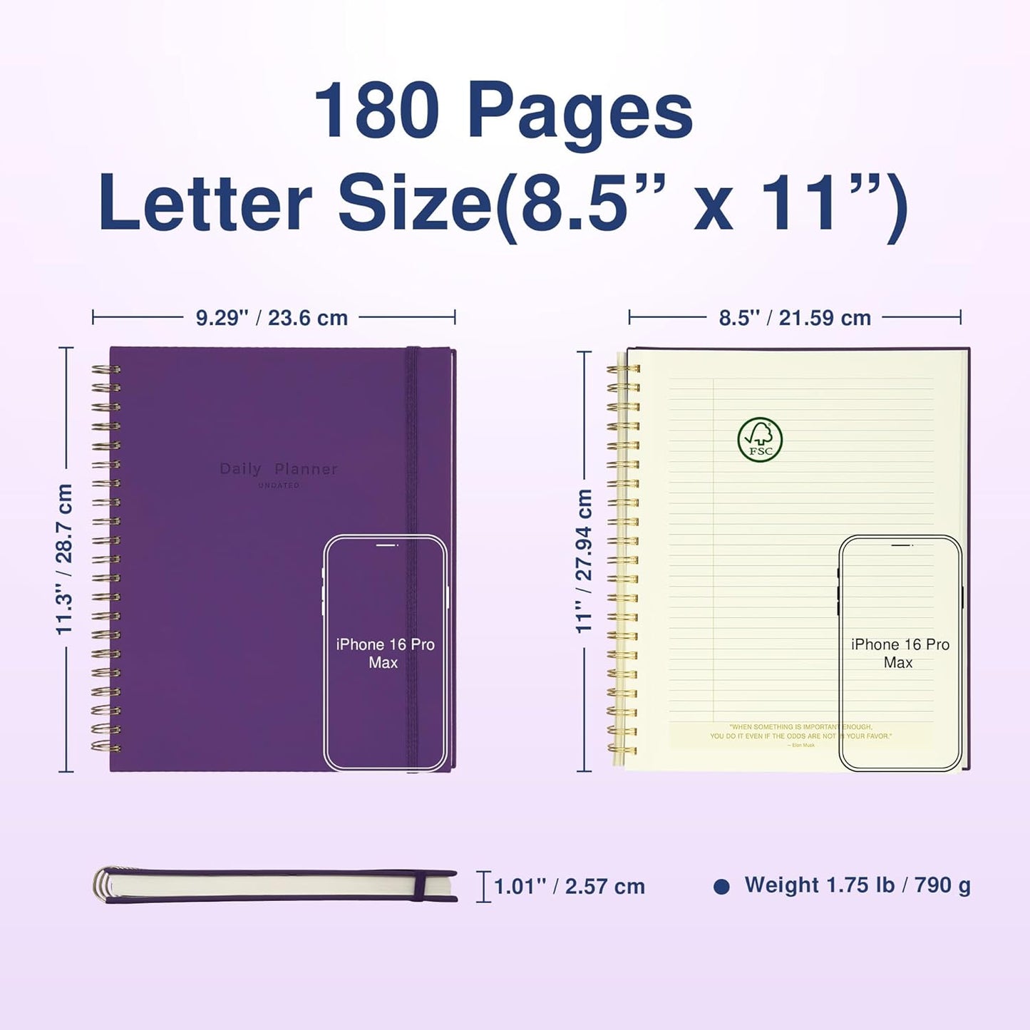 Undated Daily Planner To Do List Hourly Schedule 2027 2026 2025 Calendar & Holiday Habit Tracker 180 Pages Letter Size 8.5" x 11" Sheets Hardcover Wire-O Spiral Bound Notebook (Indigo)