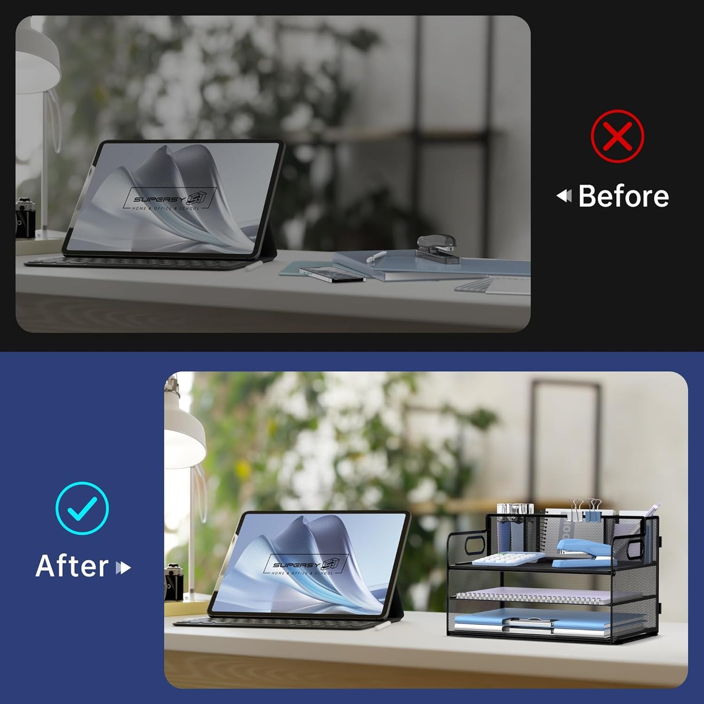 SUPEASY 3 Tier Desk Organizer with Handle & 3 Pen Holders, Mesh Paper/File Organizer for Desk, Paper Letter Tray Organizer for Office Supplies (Black)