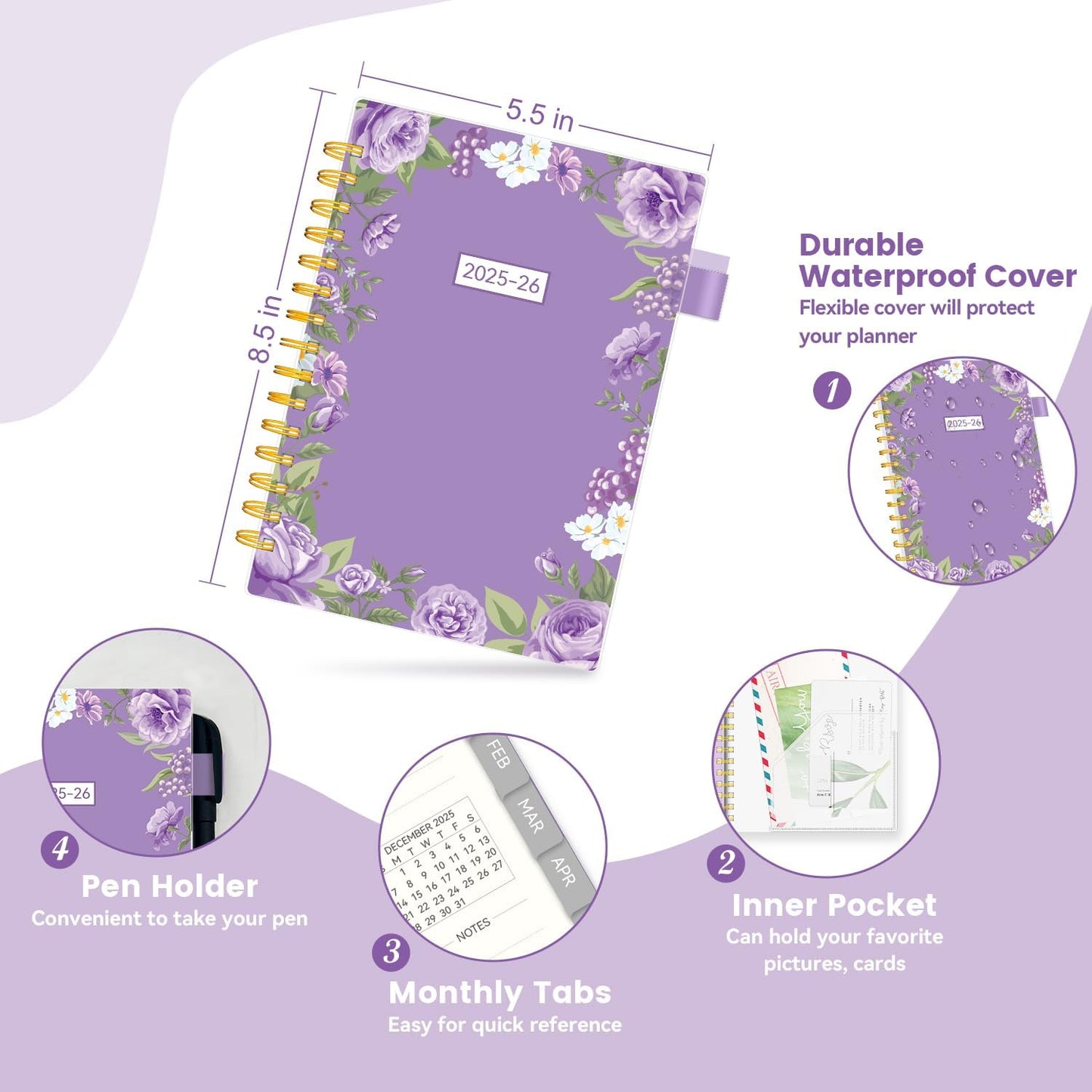 Planner 2025-2026, Academic Planners for Teacher & Student, AIMPEAK Weekly & Monthly Calendar Planner for Women, Daily Planners run from Jul.2025 - Jun.2026, Monthly Tabs, Spiral Binding, Purple Garland, 5.5"x8.5"