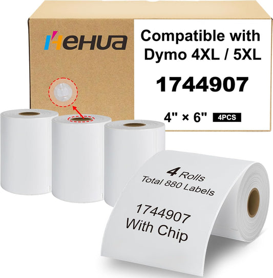 Hehua 4-Roll 1744907 with RFID Chip 4 x 6 Direct Thermal Printer Shipping Labels Compatible with DYMO LabelWriter 5XL 4XL LW Extra-Large Internet Postage Labels, 4" x 6", Total 880