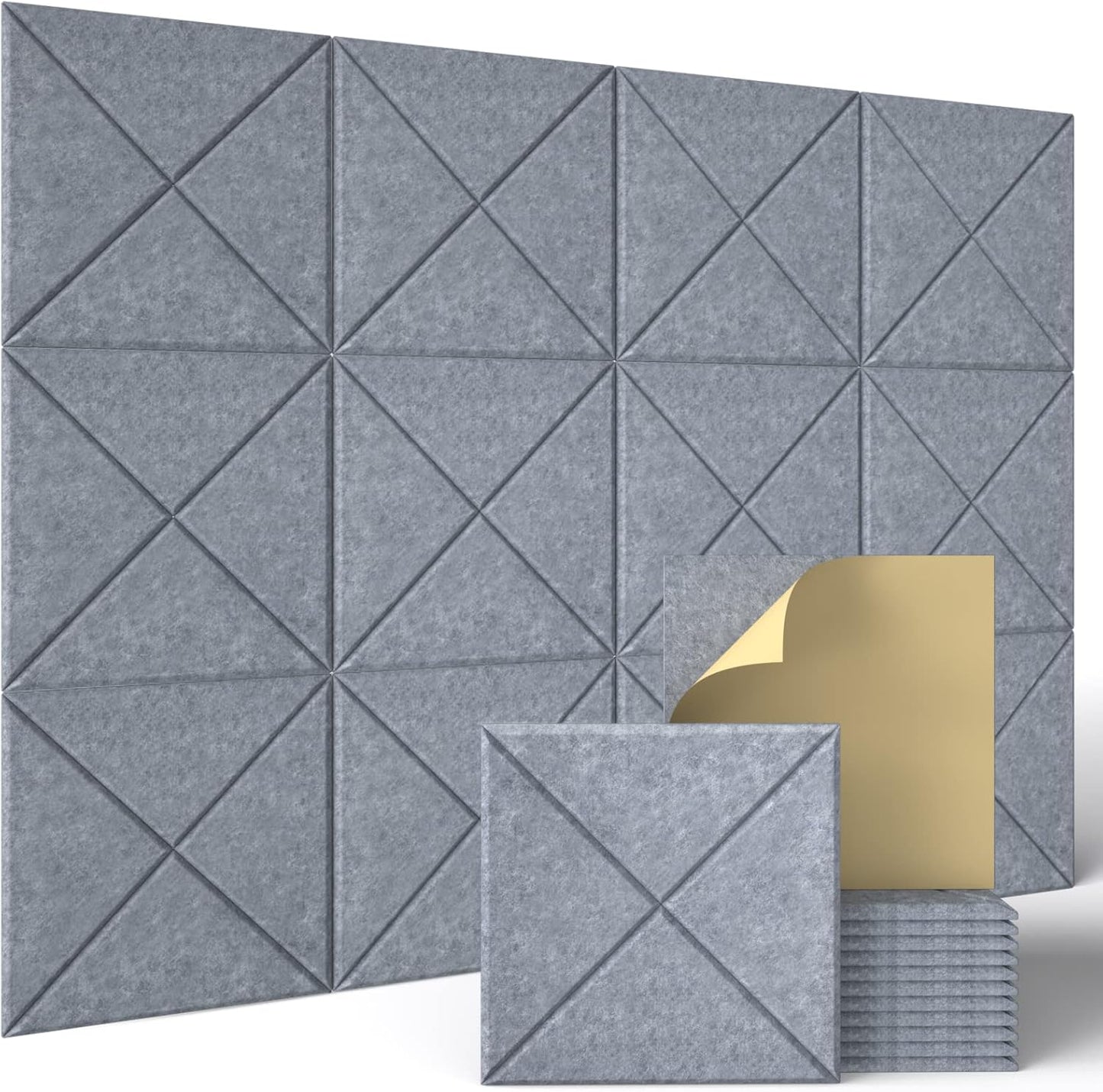 Sonicism 12 Pack X-Lined Acoustic Panels with Self-Adhesive, 12"X 12"X 0.4" Sound Proof Foam Panels, Decorative Soundproof Wall Panels, Sound Absorbing Tile for Home & Offices, Gray