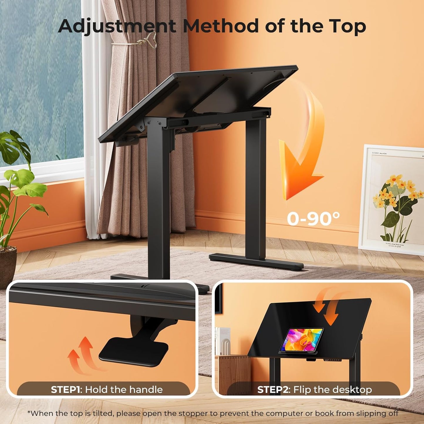 Glass Standing Desk，35inch Whole Piece Rolling Sit Stand Table with Wheels，90° Tiltable Mobile Rising Height Adjustable，Foldable Top Suit for Small Laptop，Black