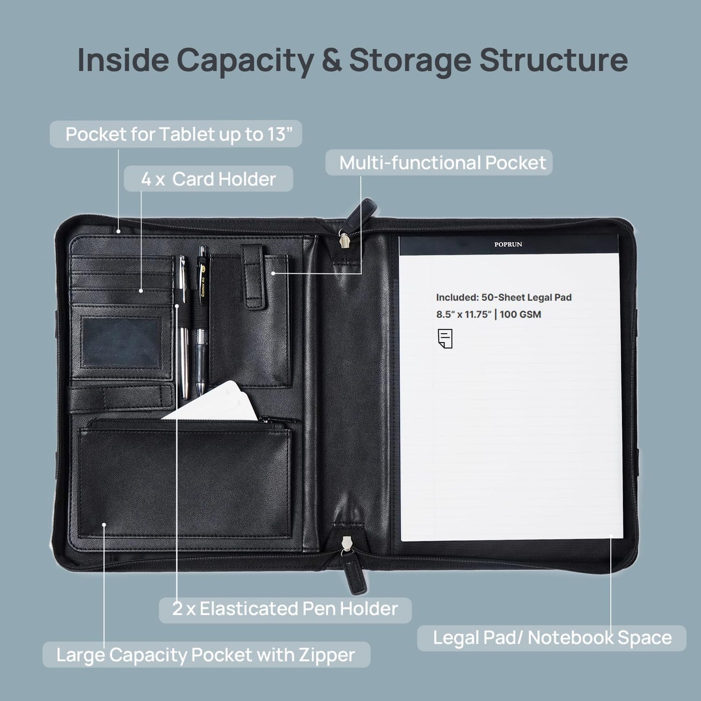 POPRUN Portfolio Binder with Zipper, Leather Padfolio Document Organizer with Storage, Professional Business Briefcase ideal for Meeting Presentation Work-Includes 50 Sheet Writing Pad, Black