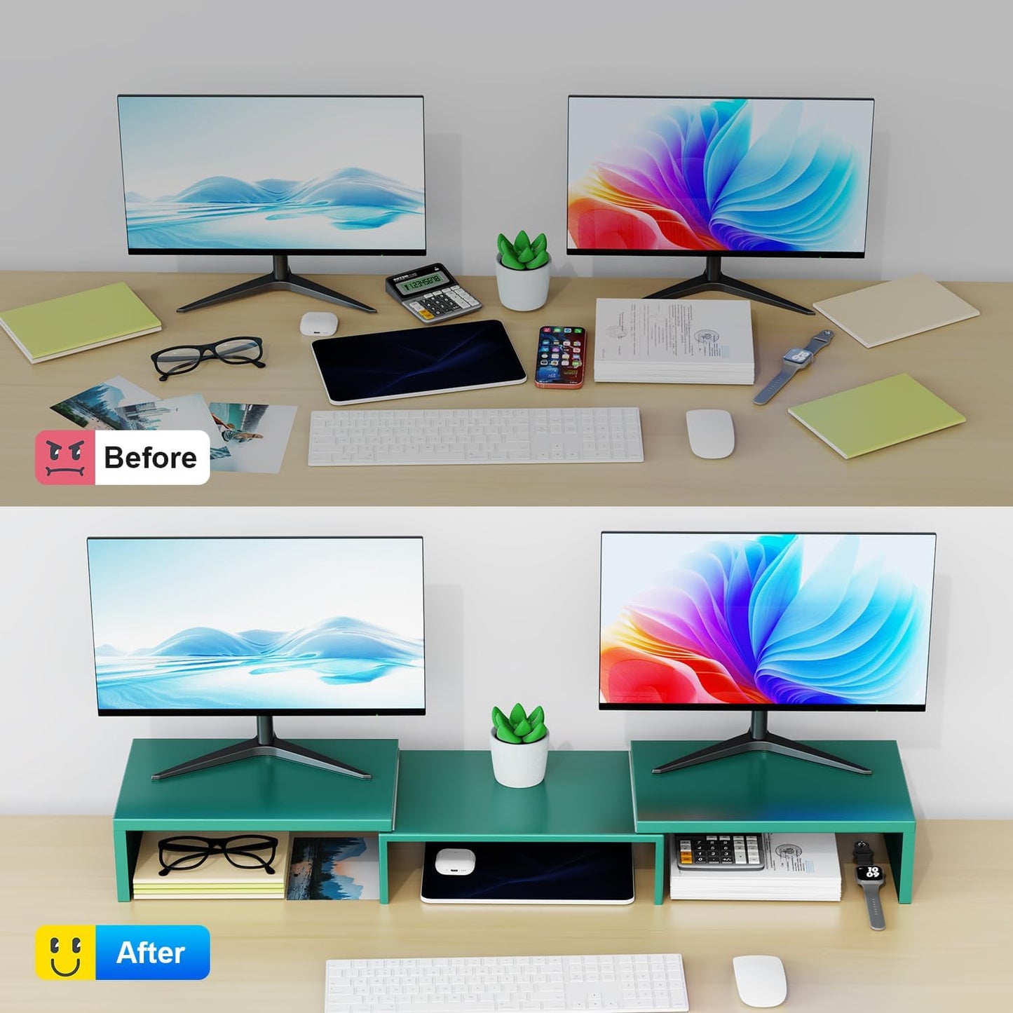 Dual Monitor Stand for Desk, Metal Computer Stand, Desk Shelf Riser,Desktop Organizer for Home and Office Use (Green)