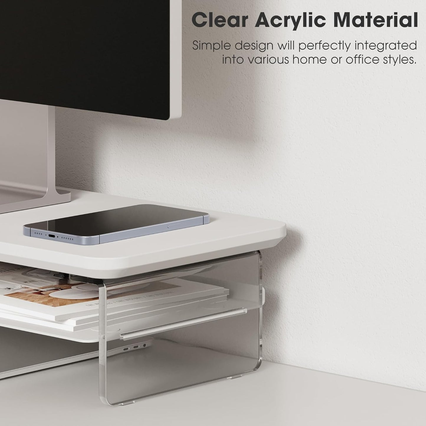 Fenge Acrylic Monitor Stand Riser, 23.6 Inches Monitor Stand with Metal Storage, 2 Tier Acrylic Computer Riser for Desk, Clear Laptop Stand for PC, Laptop, Printer, TV, White