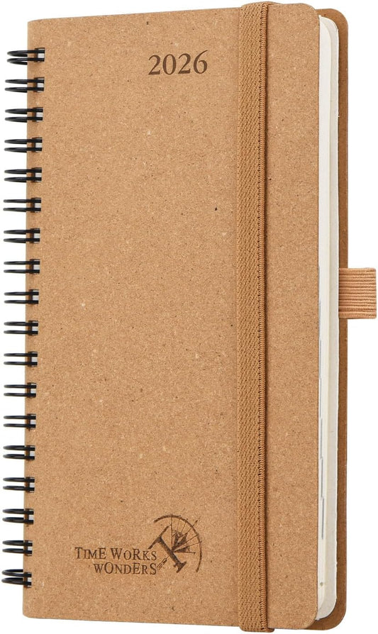 POPRUN 2026 Recycled Weekly Planner 12 Months Pocket Size (3.5'' x 6.5'') - Spiral Calendar Weekly and Monthly for Purse, with Italian Regenrated Leather, Pen Holder - Desert Brown